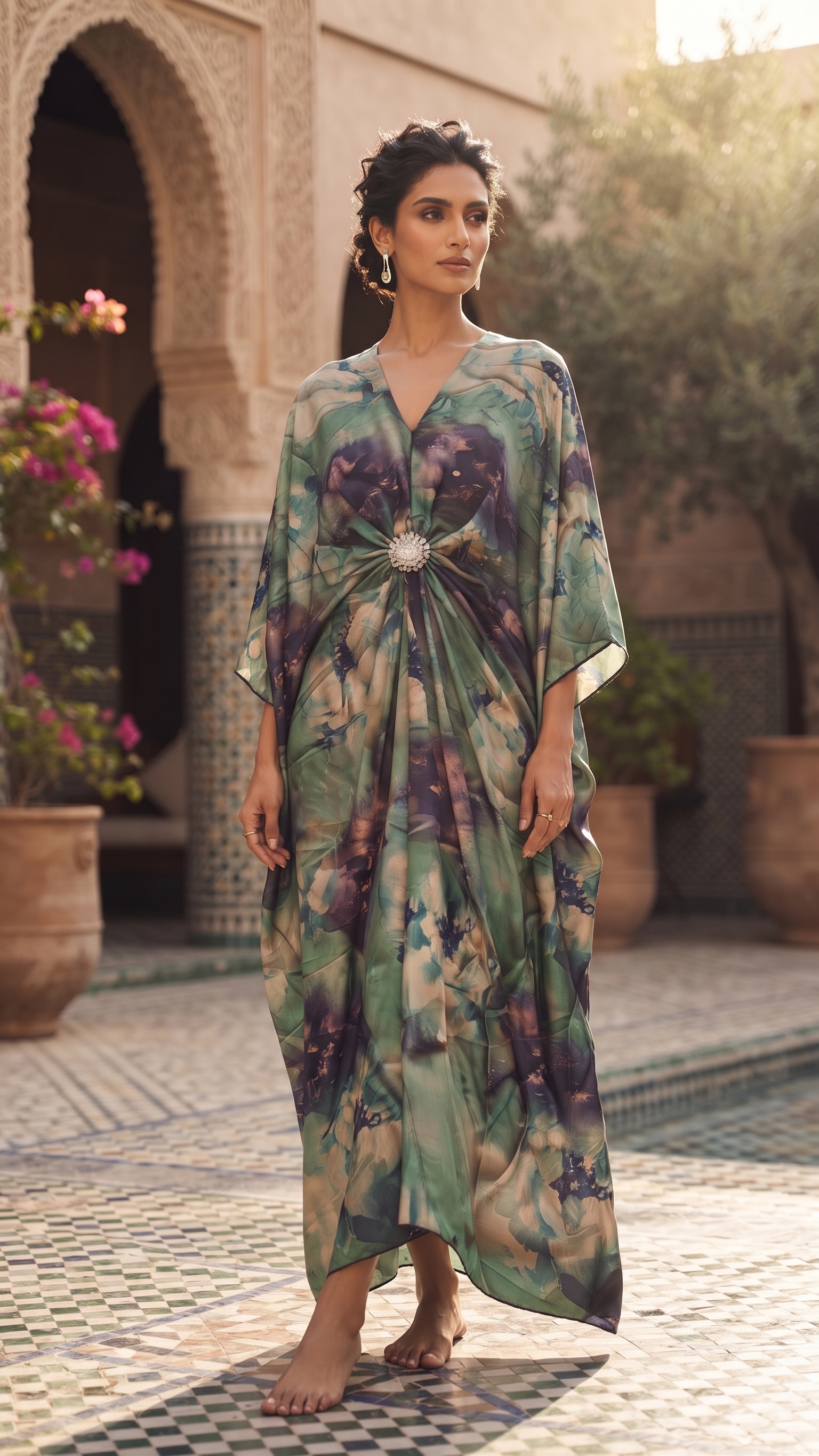 Sage Green Abstract Floral Draped Kaftan – Image 1