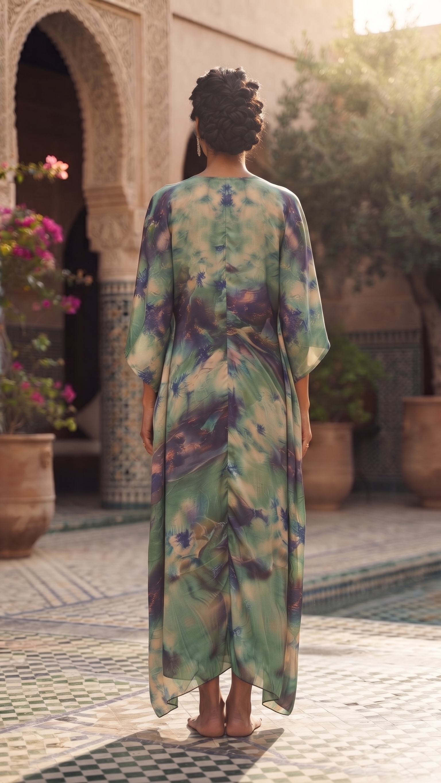 Sage Green Abstract Floral Draped Kaftan – Image 2