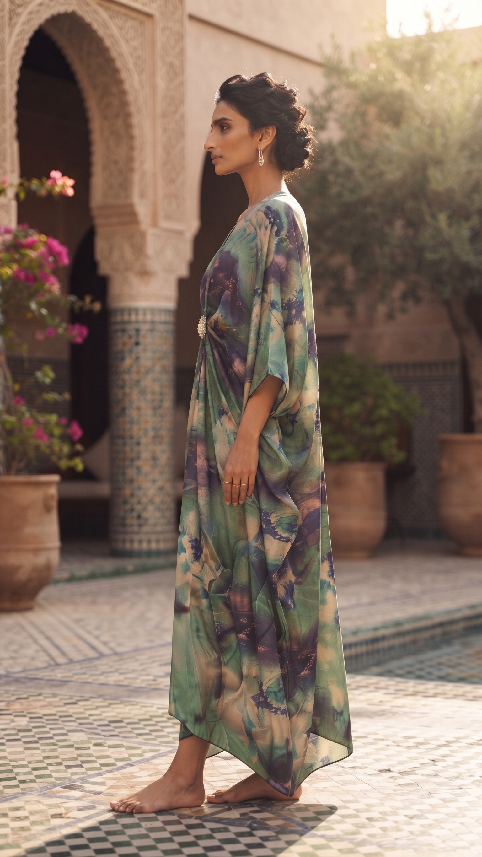 Sage Green Abstract Floral Draped Kaftan – Image 3