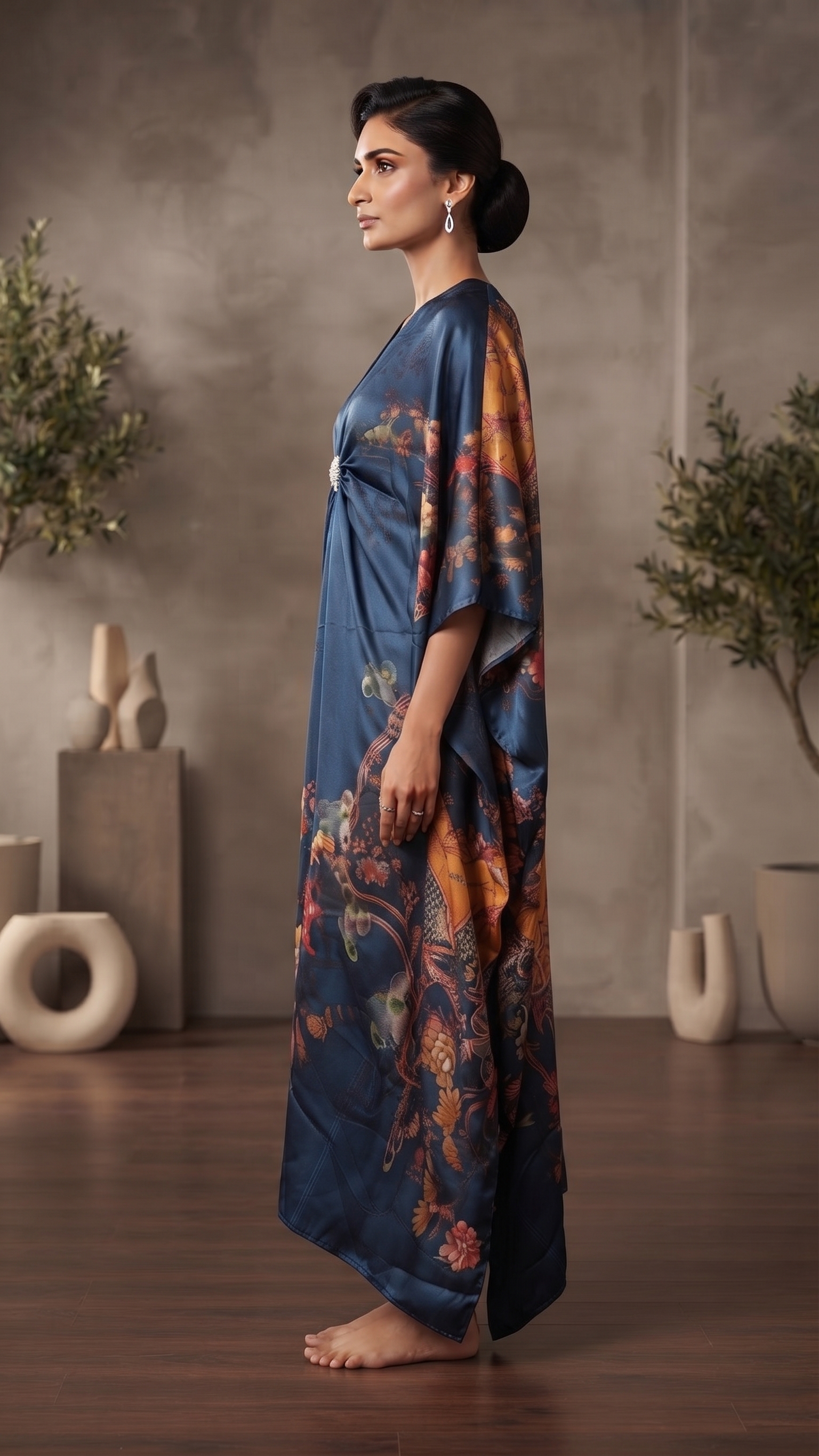 Midnight Blue Floral Draped Kaftan – Image 3
