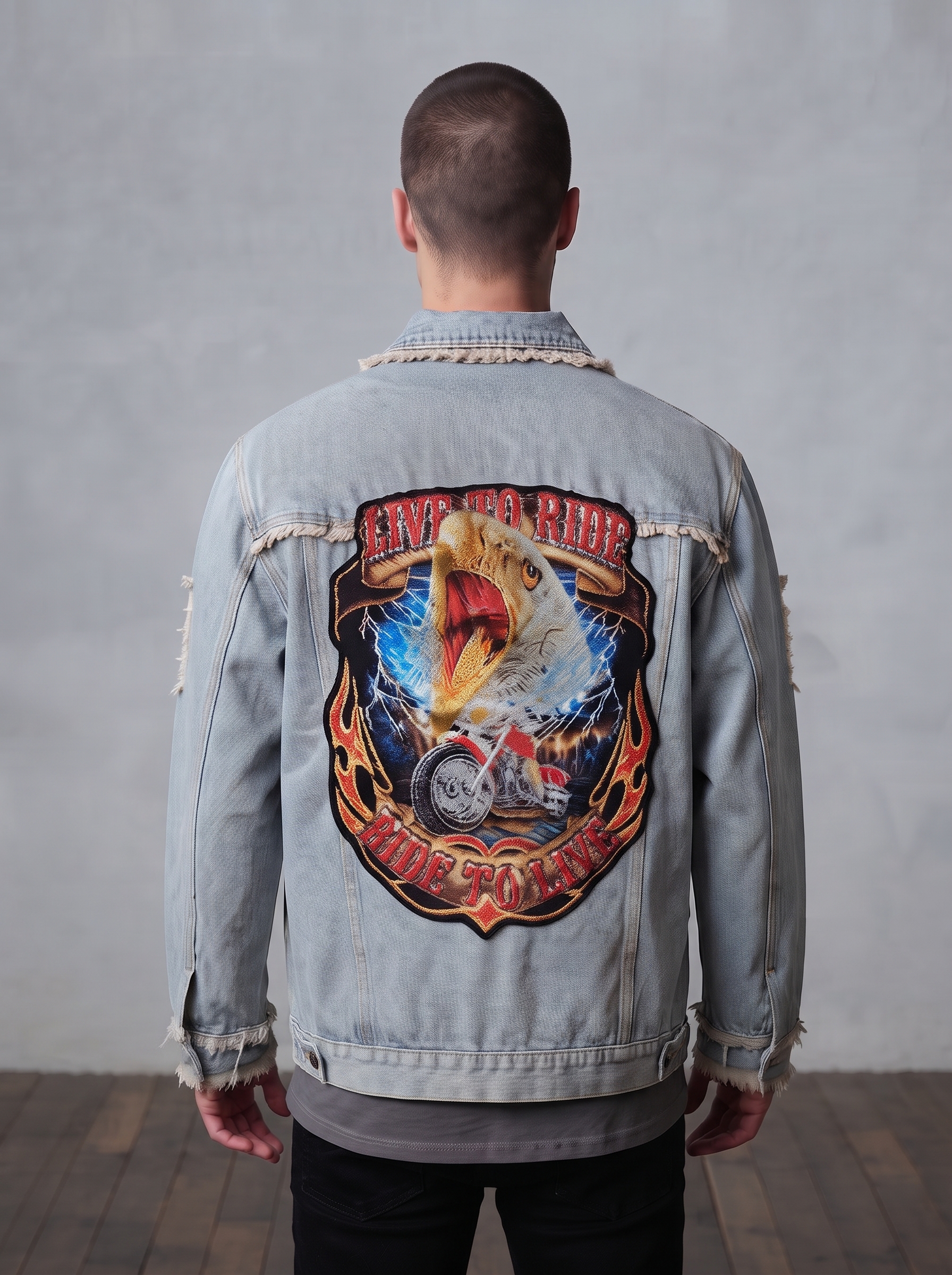 Live To Ride Embroidered Distressed Denim Jacket – Image 5