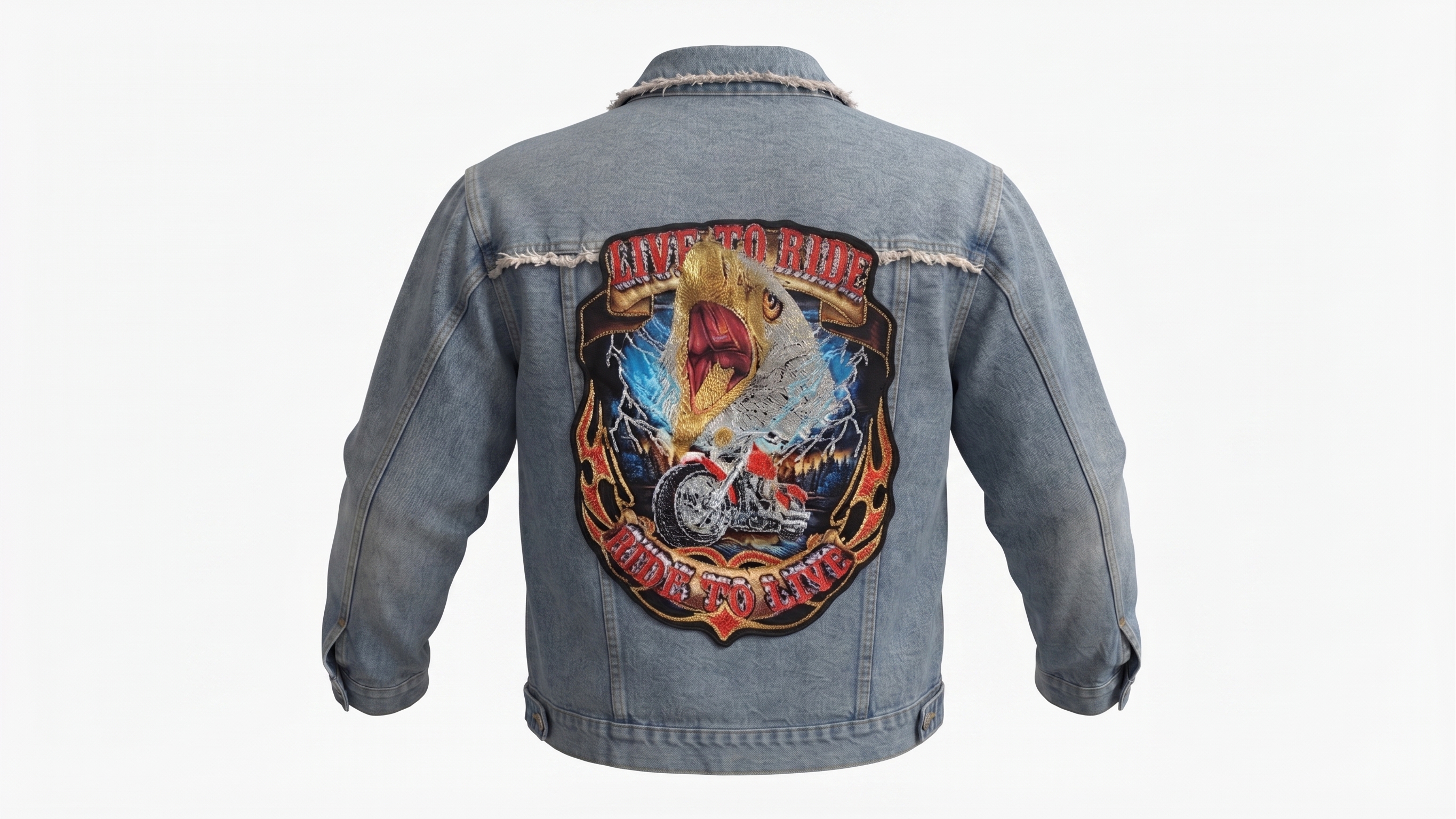 Live To Ride Embroidered Distressed Denim Jacket – Image 2