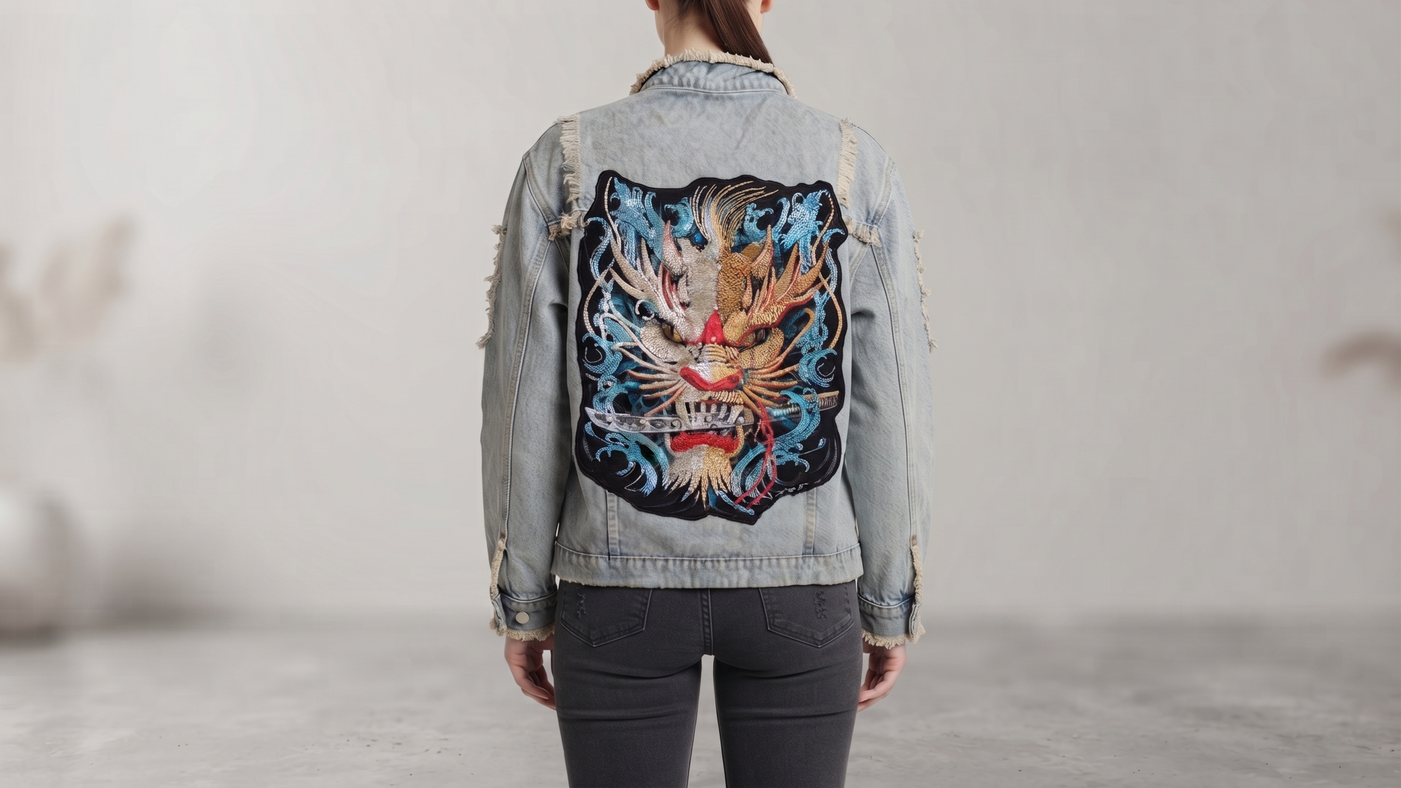 Dragon Embroidered Distressed Denim Jacket – Image 2