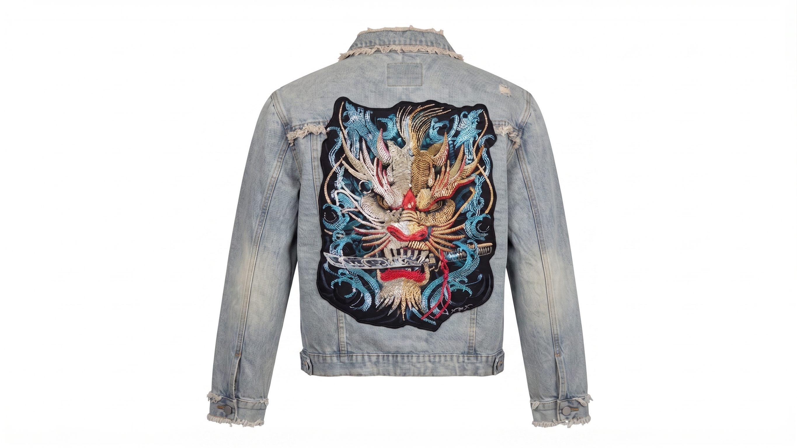 Dragon Embroidered Distressed Denim Jacket – Image 4