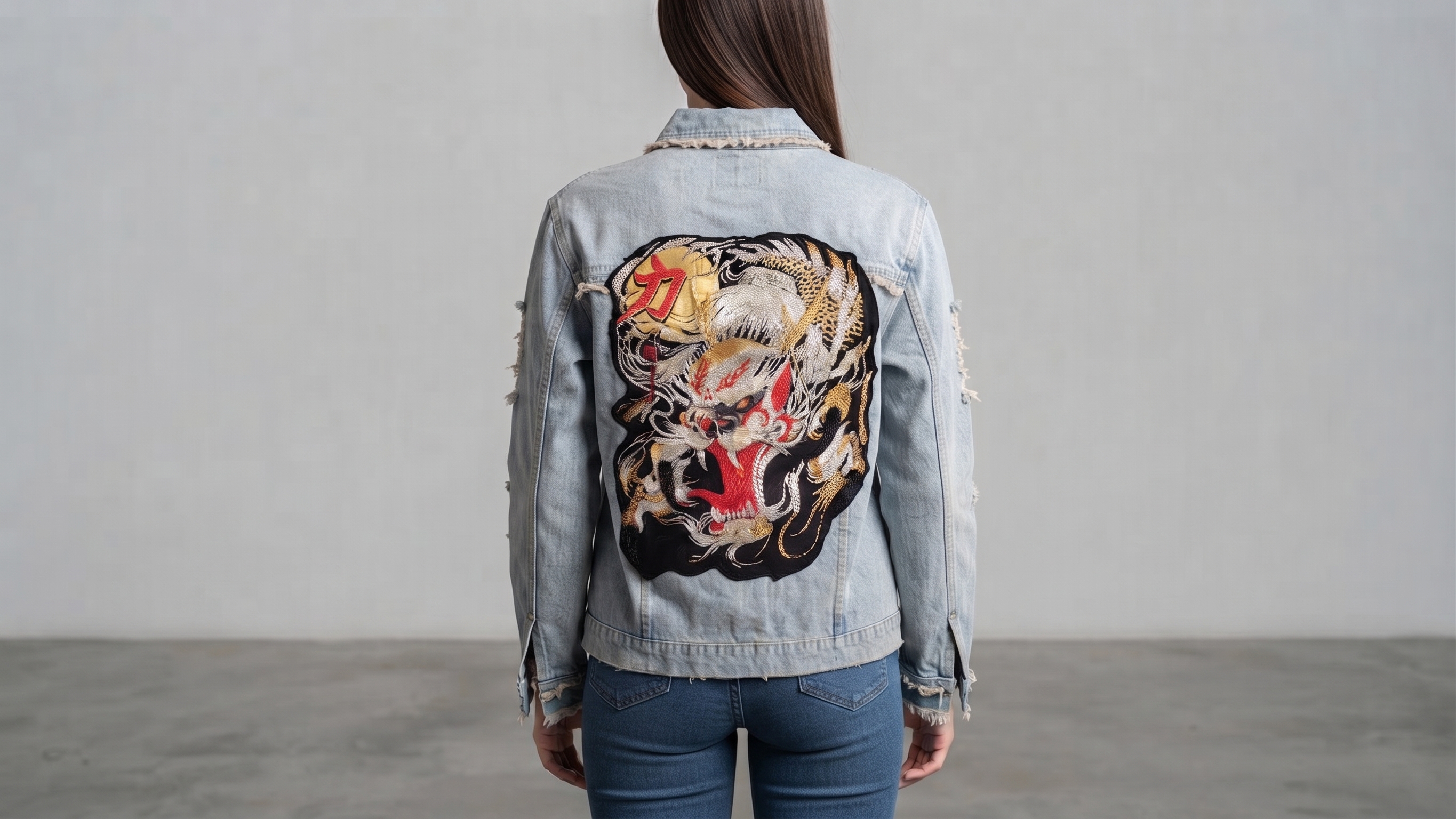 Dragon Crest Distressed Light-Wash Denim Jacket – Image 2