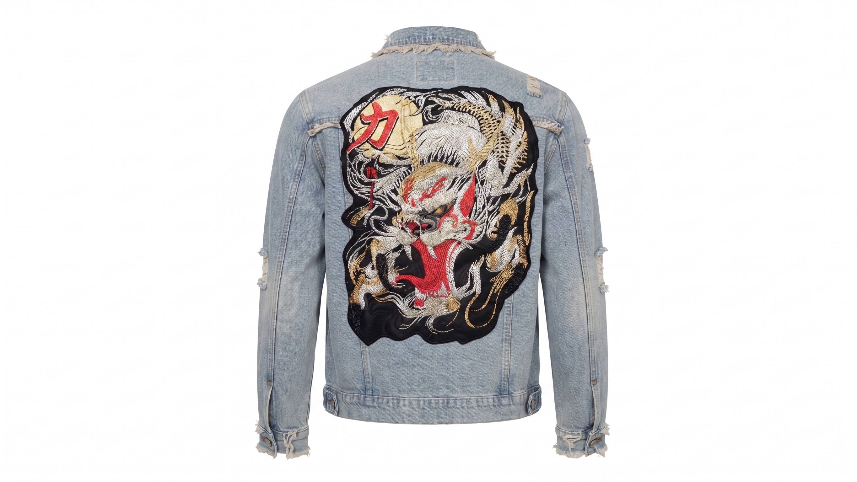 Dragon Crest Distressed Light-Wash Denim Jacket – Image 4