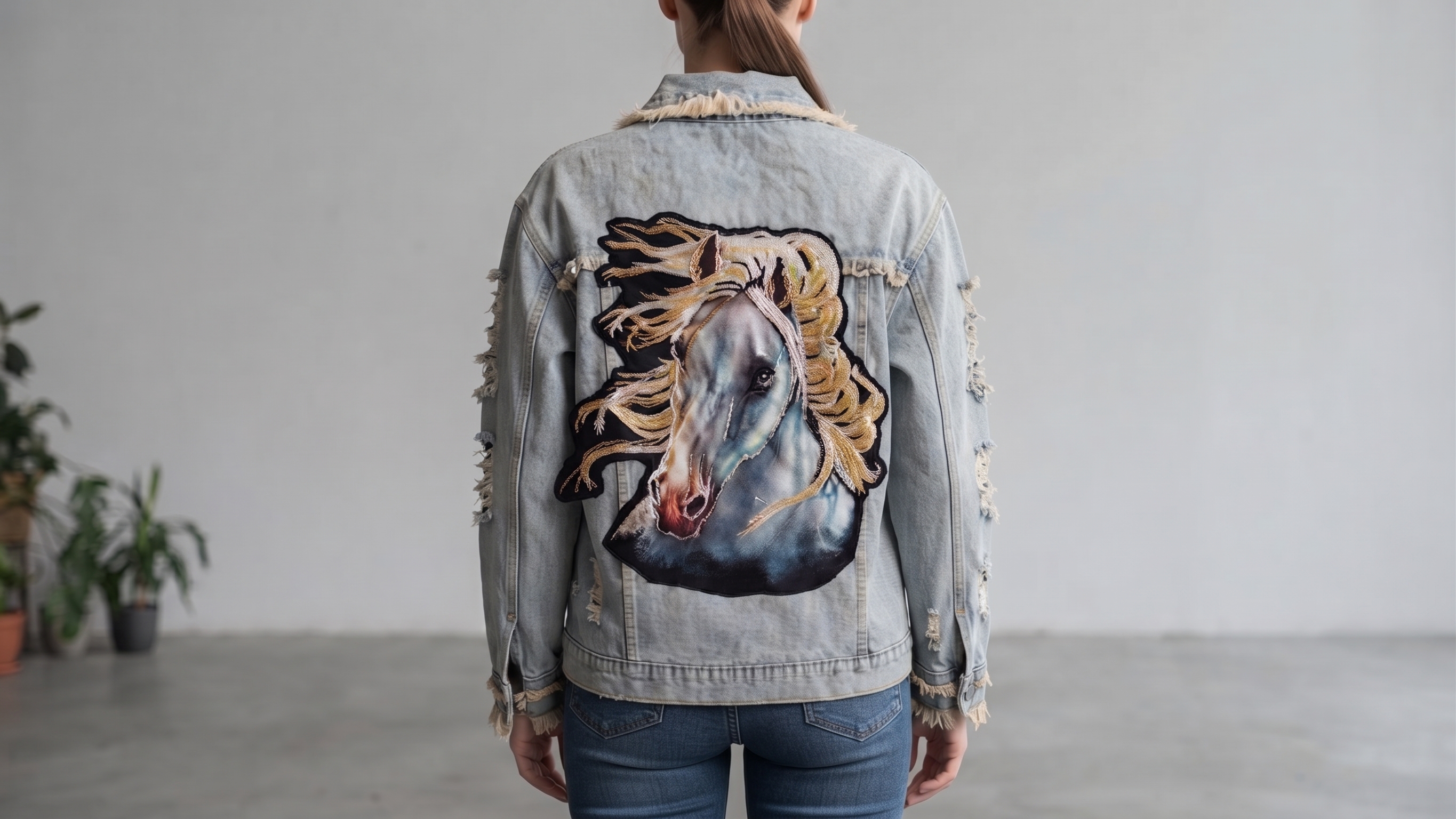Embroidered Horse Distressed Light-Wash Denim Jacket – Image 2