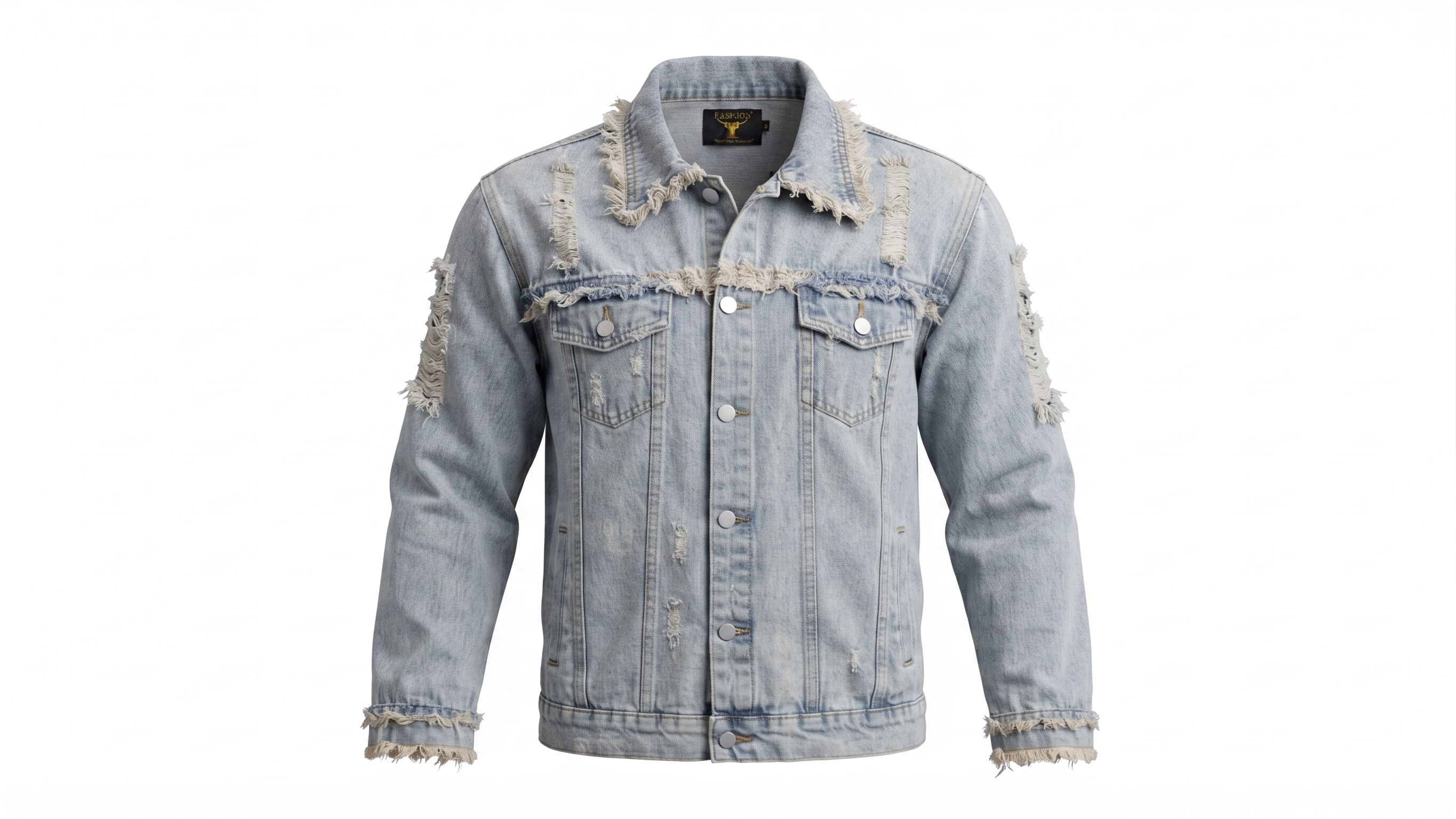 Embroidered Horse Distressed Light-Wash Denim Jacket – Image 3