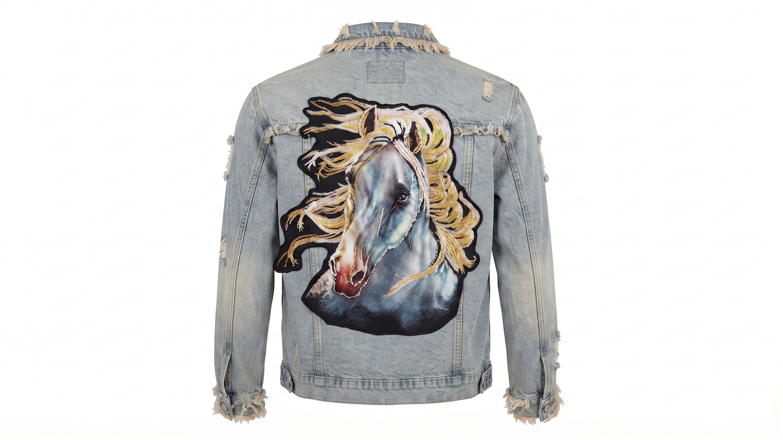 Embroidered Horse Distressed Light-Wash Denim Jacket – Image 4