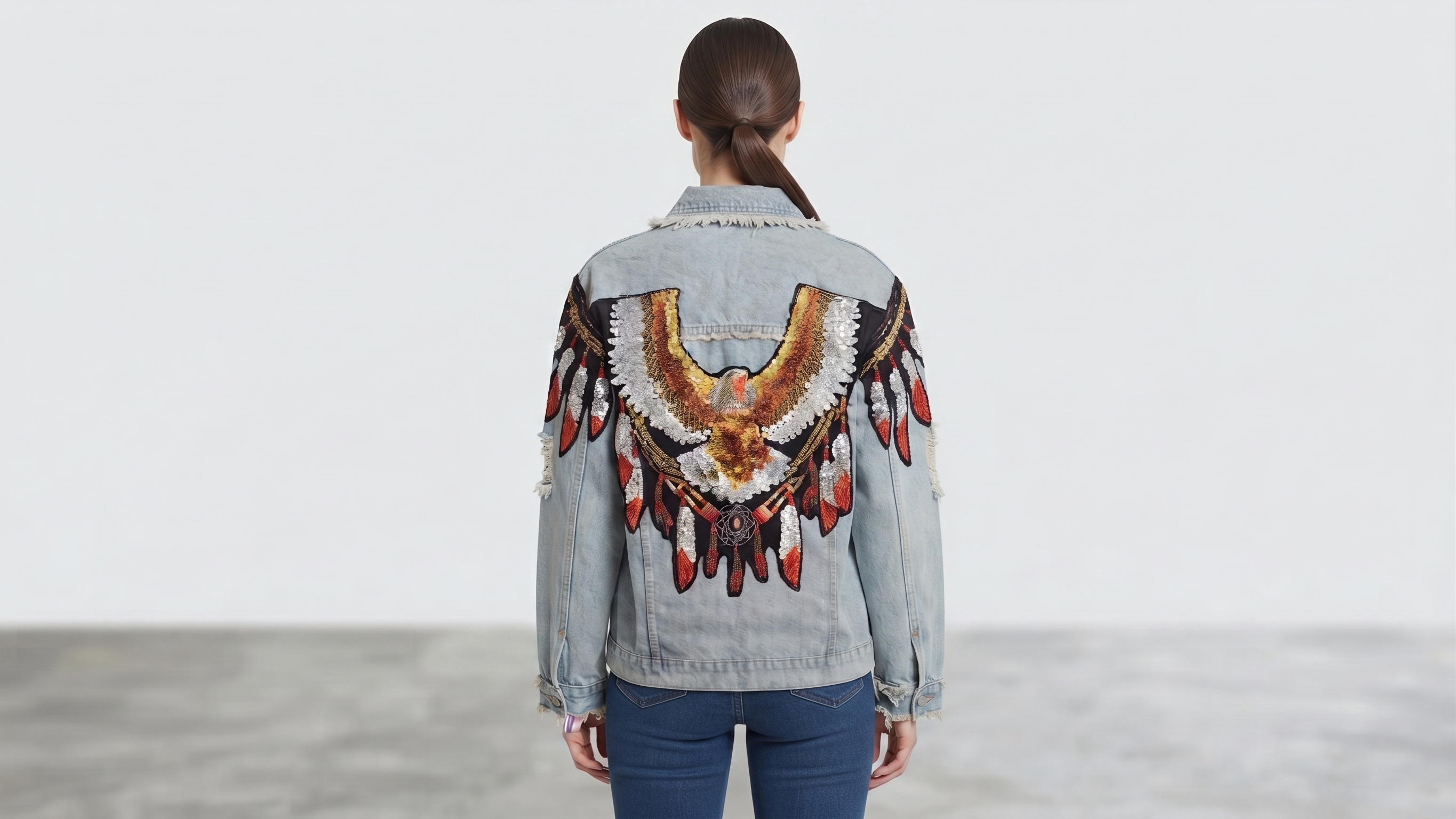 Embroidered Eagle Light-Wash Distressed Denim Jacket – Image 2
