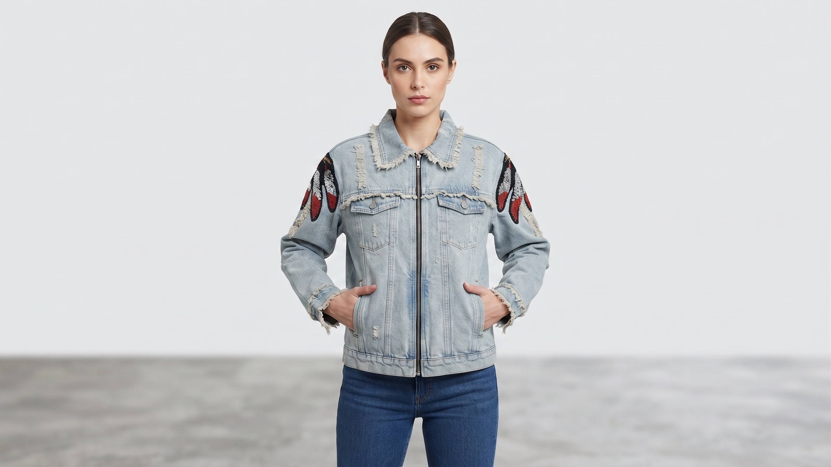 Embroidered Eagle Light-Wash Distressed Denim Jacket – Image 1