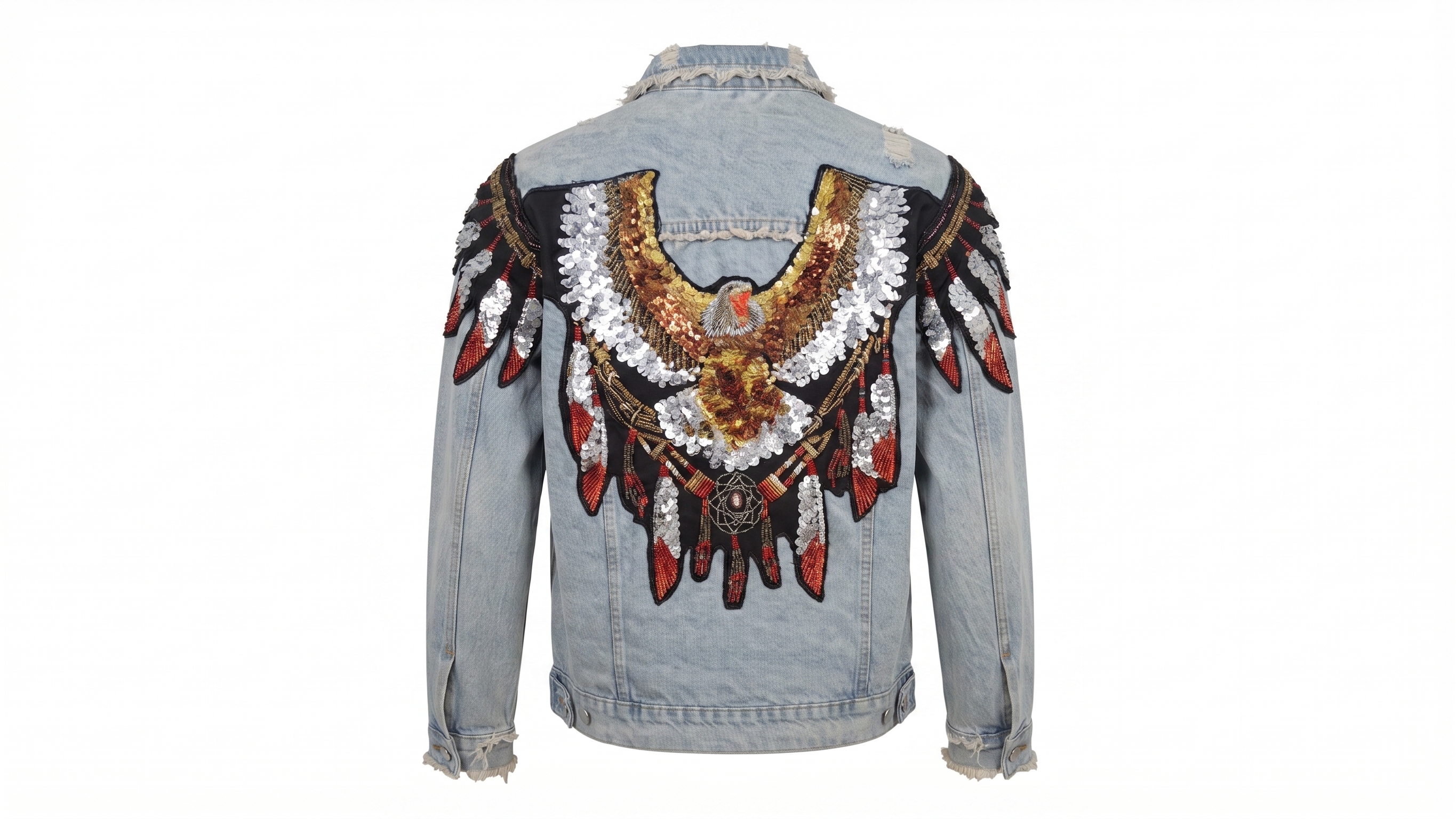 Embroidered Eagle Light-Wash Distressed Denim Jacket – Image 5