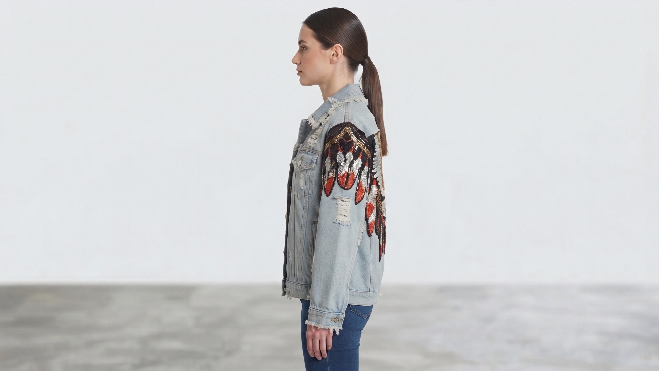Embroidered Eagle Light-Wash Distressed Denim Jacket – Image 3