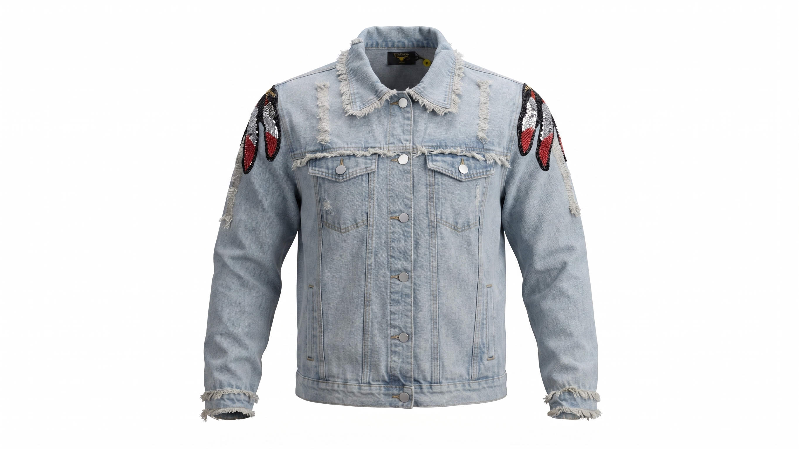 Embroidered Eagle Light-Wash Distressed Denim Jacket – Image 4