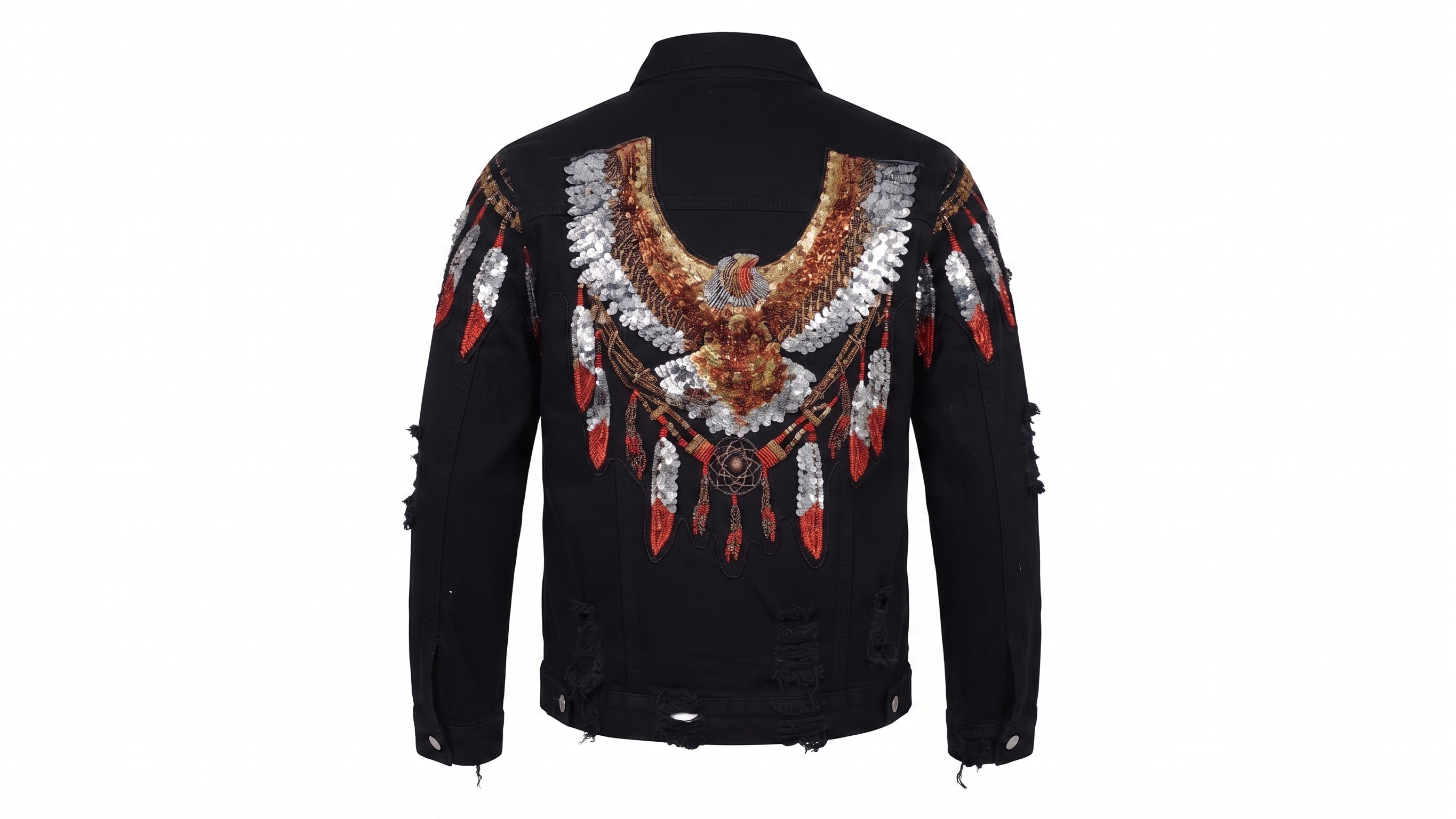 Black Eagle Embroidered Distressed Denim Jacket – Image 2