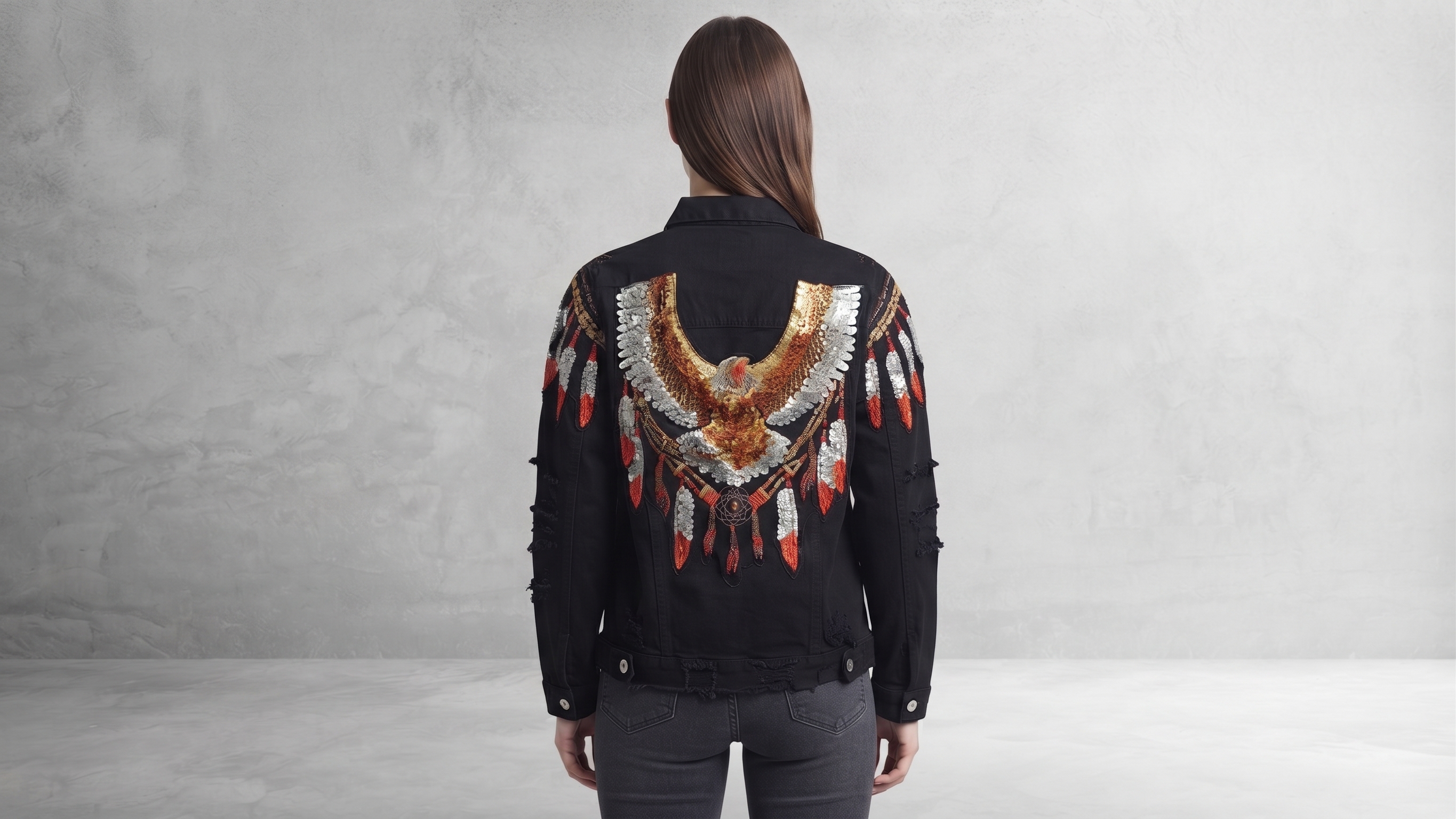Black Eagle Embroidered Distressed Denim Jacket – Image 4