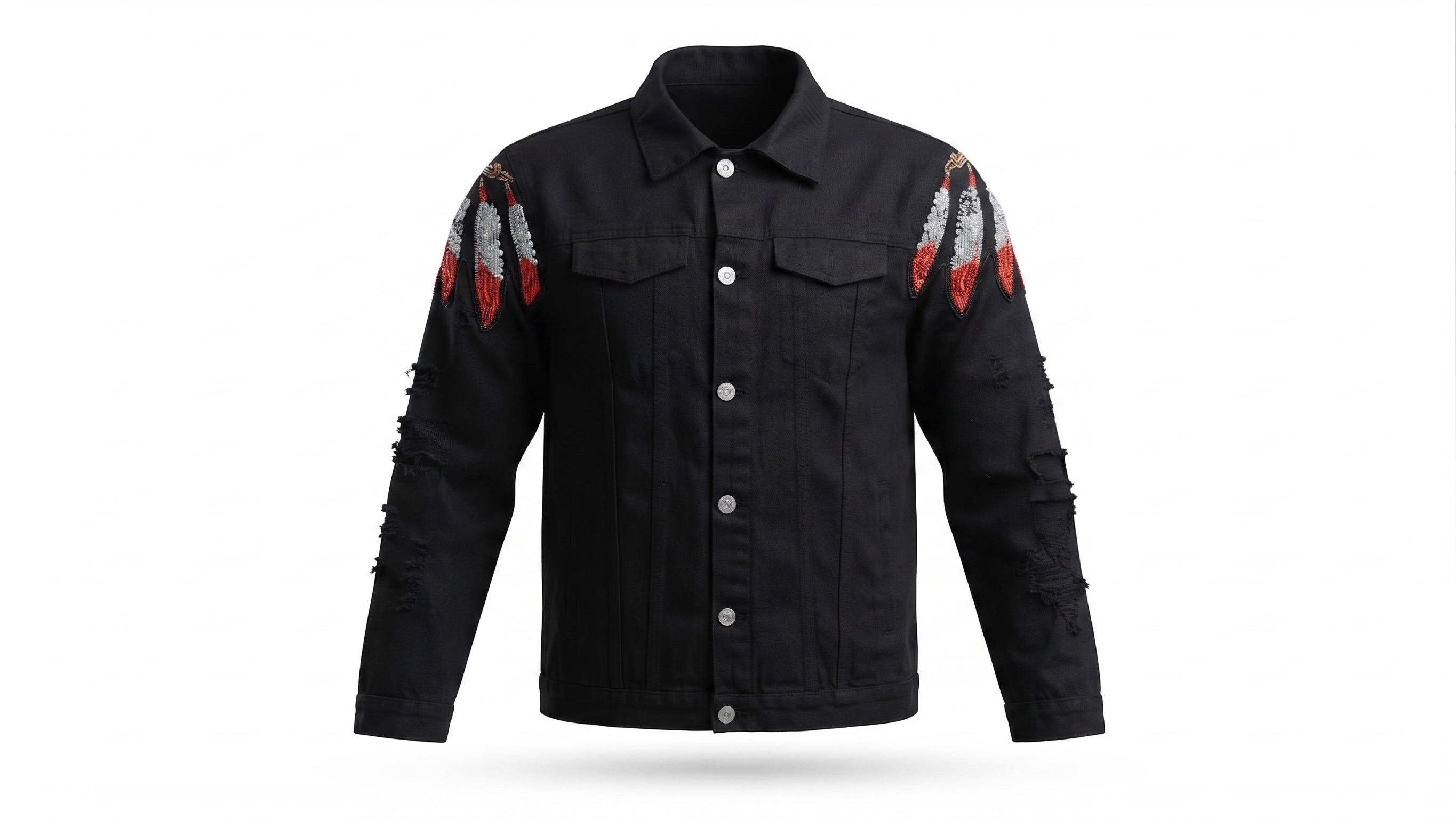 Black Eagle Embroidered Distressed Denim Jacket – Image 5