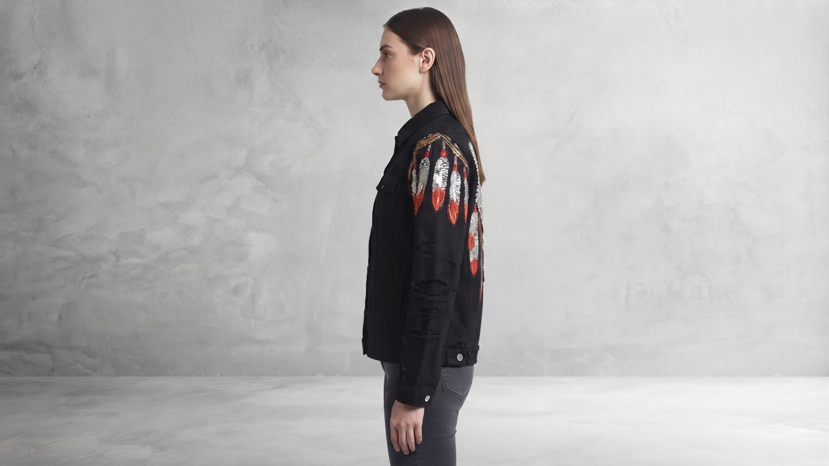Black Eagle Embroidered Distressed Denim Jacket – Image 3