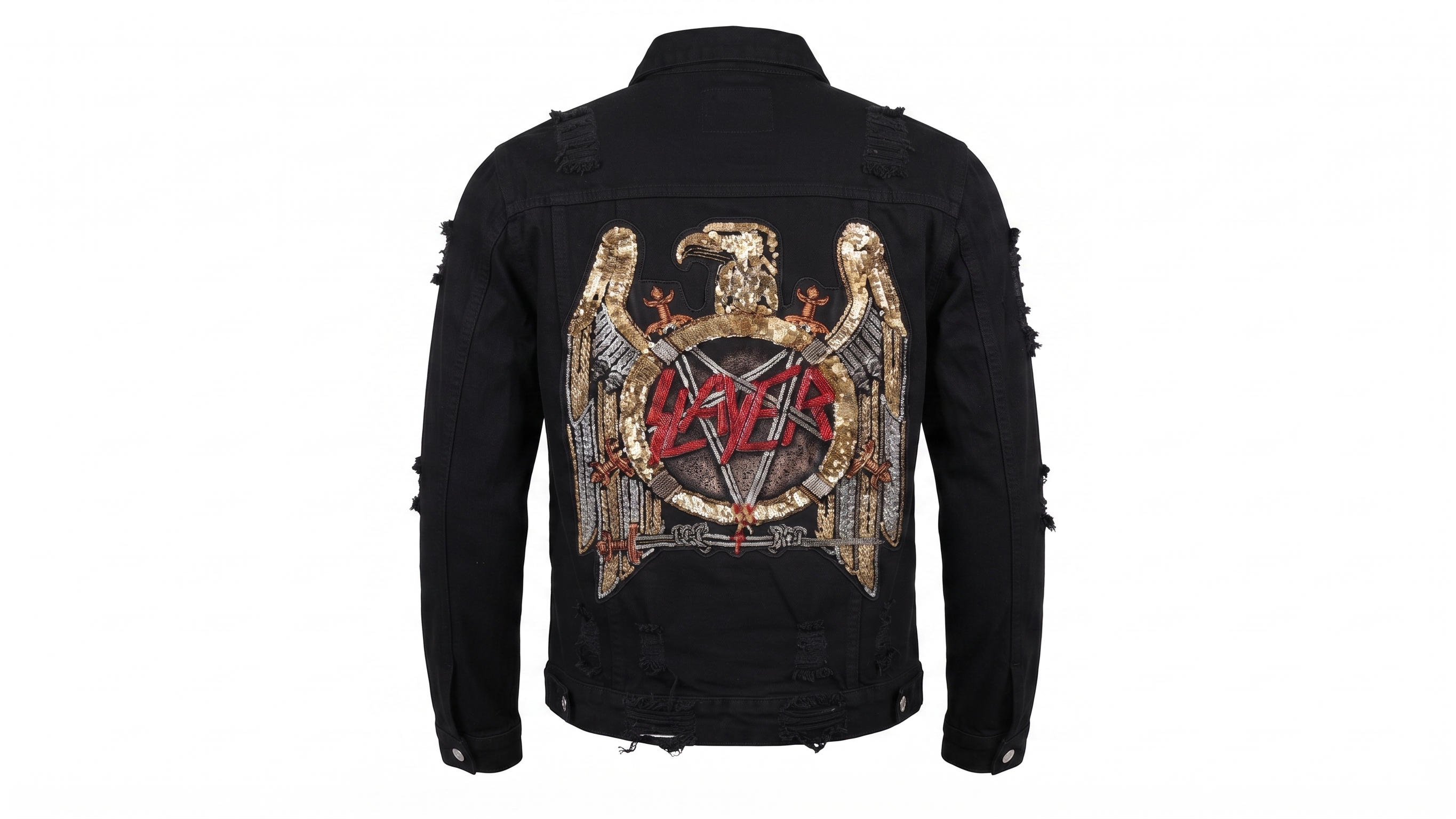 Black Distressed Eagle Emblem Denim Jacket – Image 5