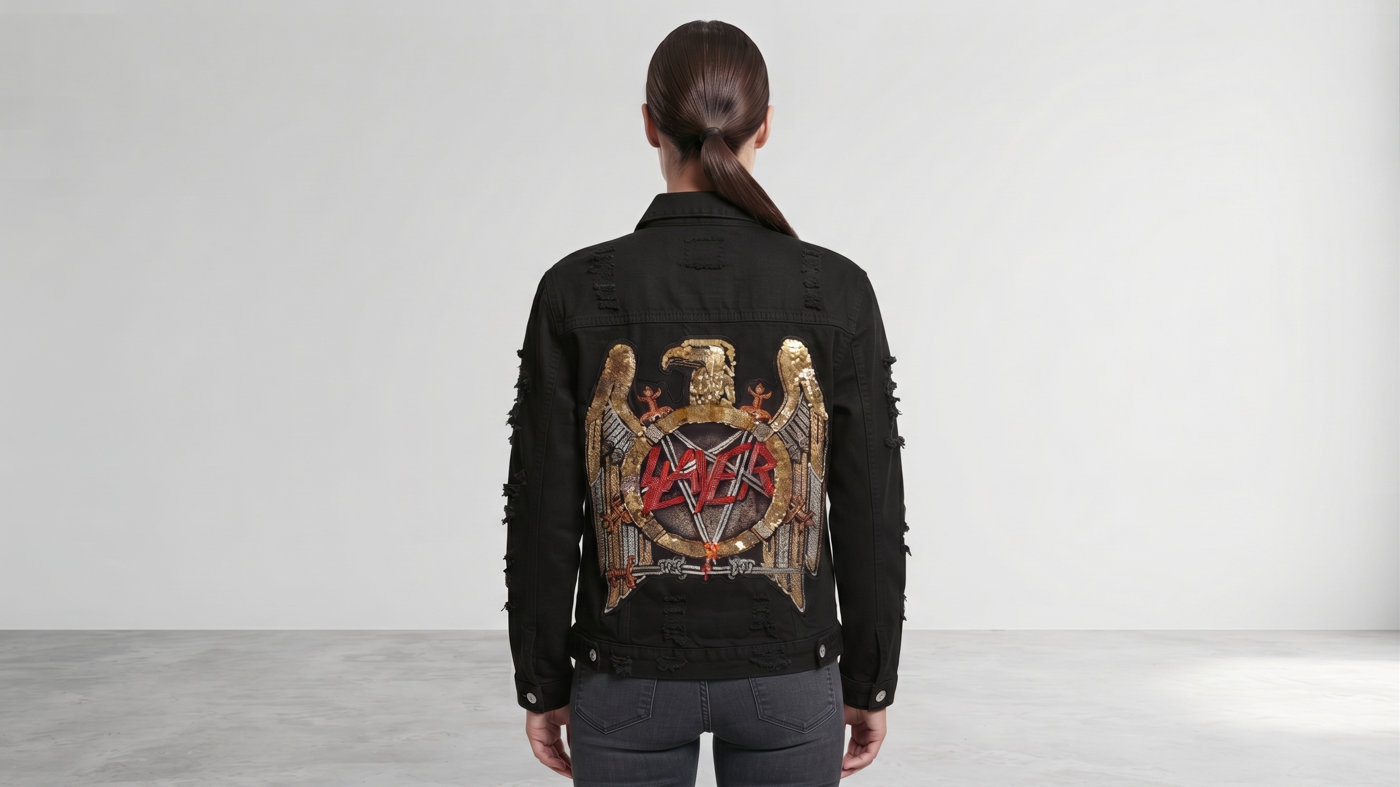 Black Distressed Eagle Emblem Denim Jacket – Image 2