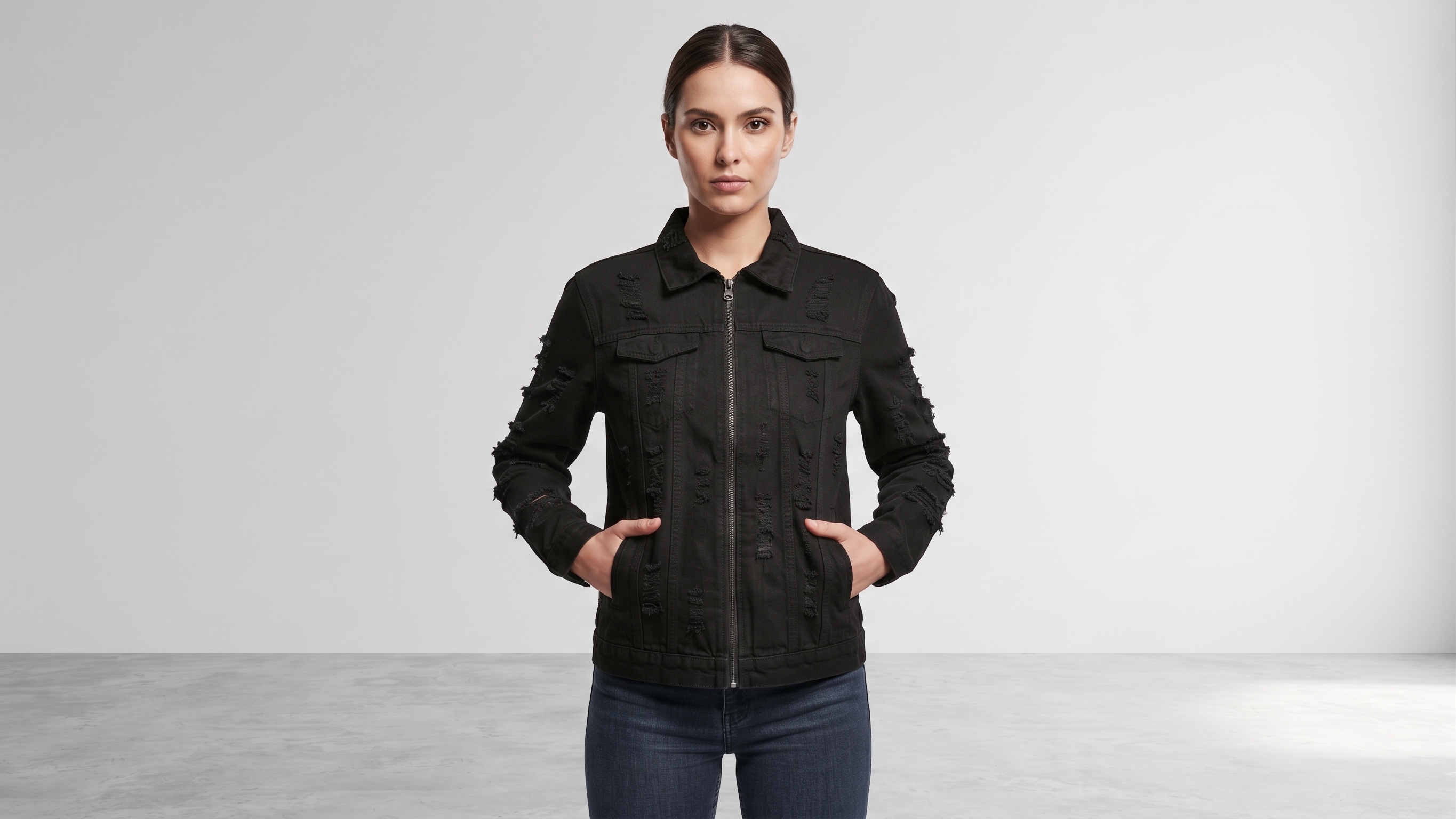 Black Distressed Eagle Emblem Denim Jacket – Image 1