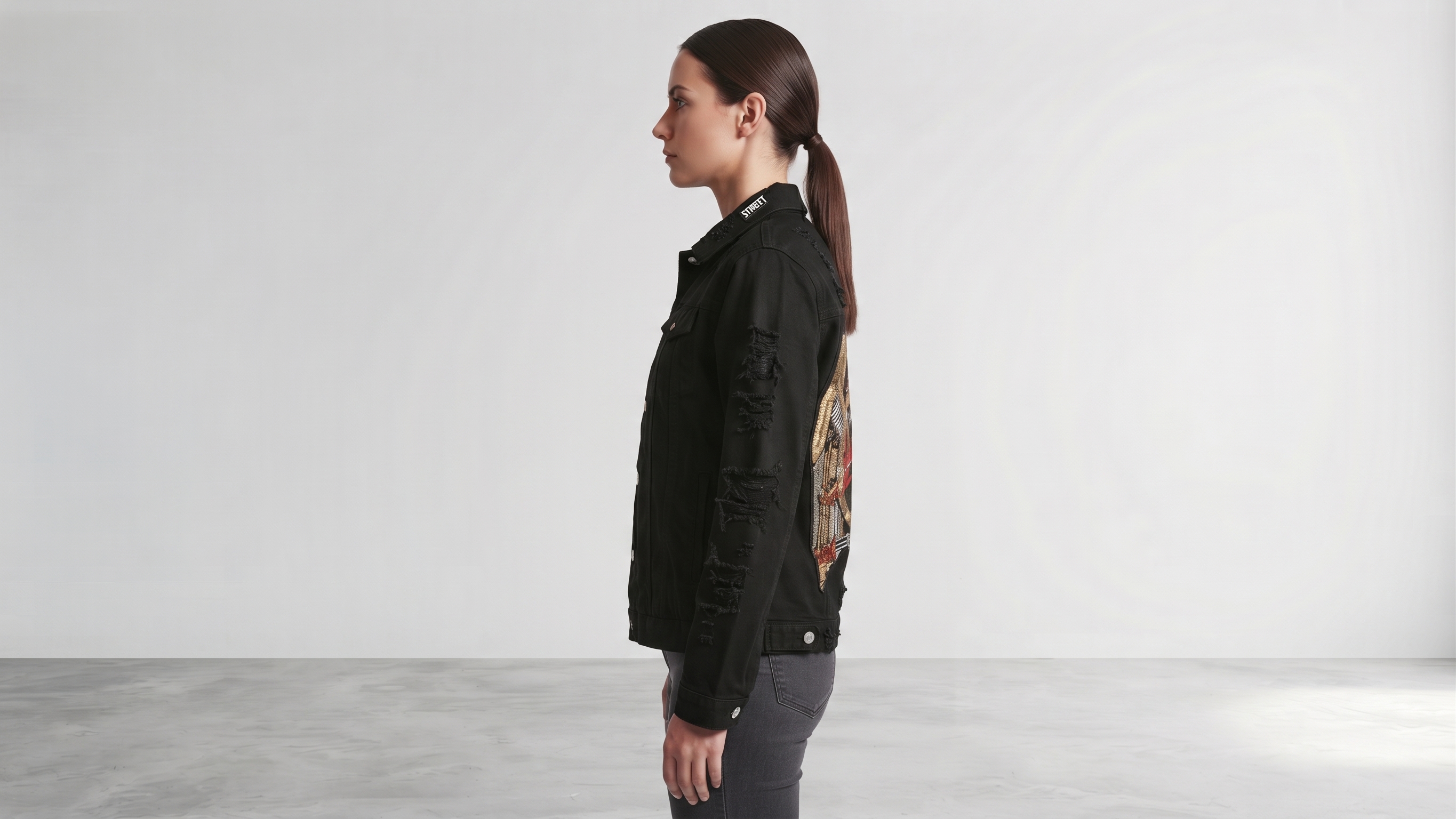 Black Distressed Eagle Emblem Denim Jacket – Image 3