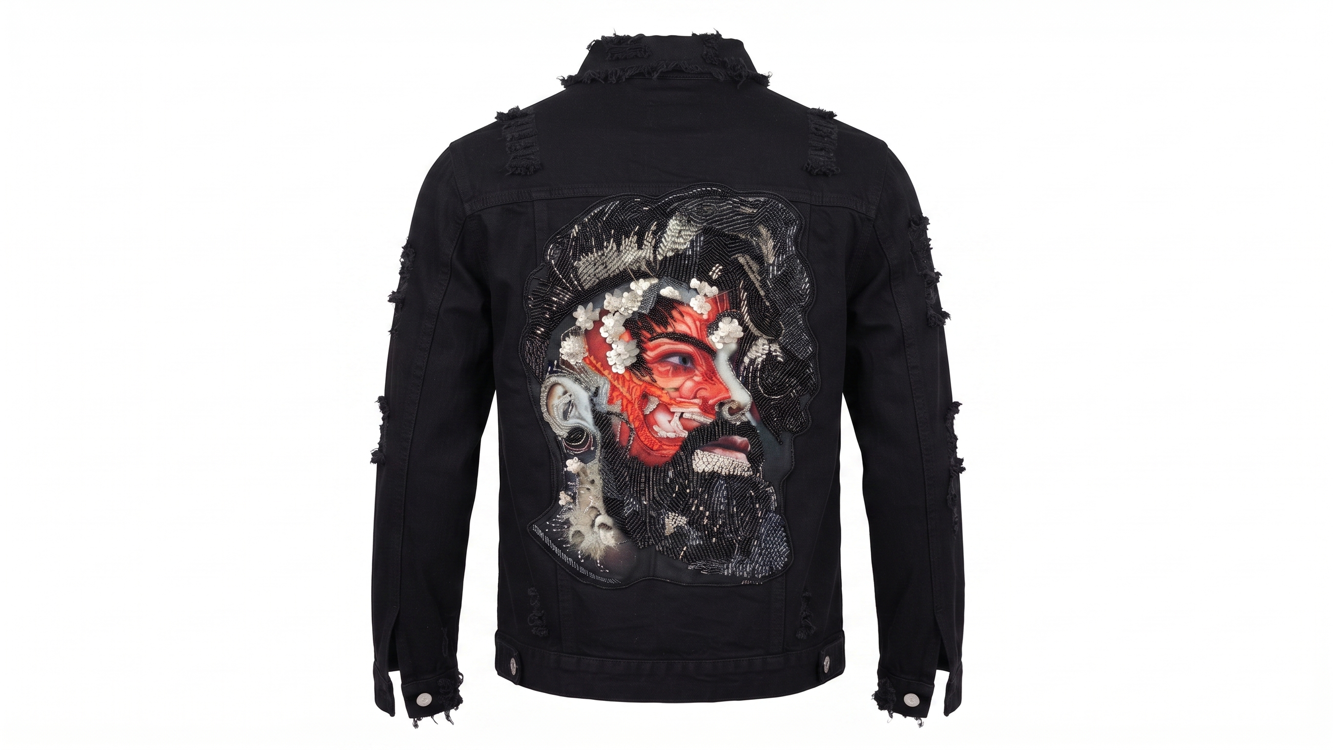 Black Distressed Masked Warrior Embroidery Denim Jacket – Image 5