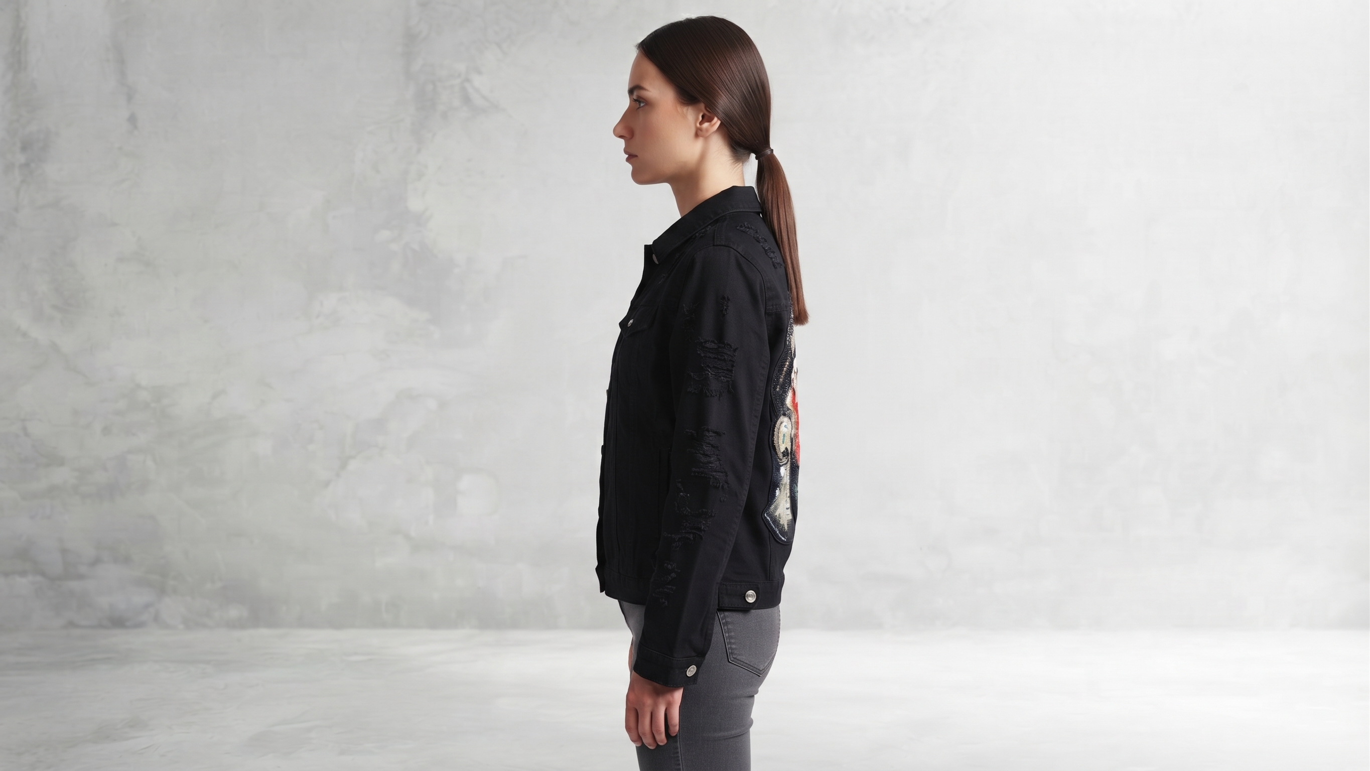 Black Distressed Masked Warrior Embroidery Denim Jacket – Image 4