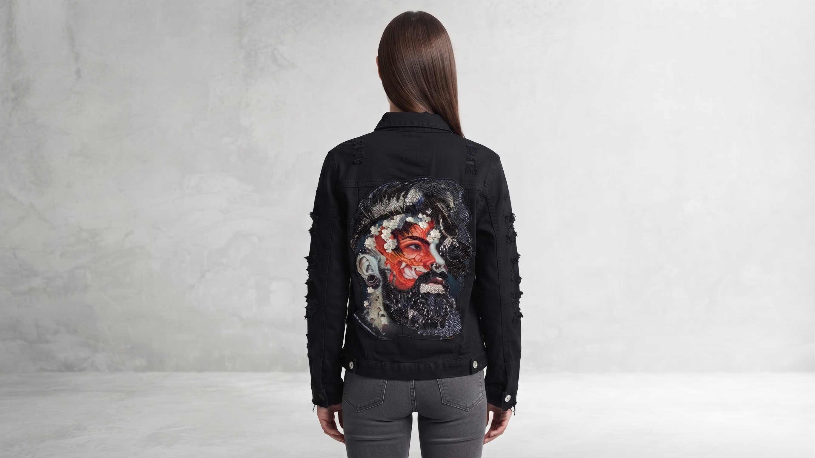 Black Distressed Masked Warrior Embroidery Denim Jacket – Image 2