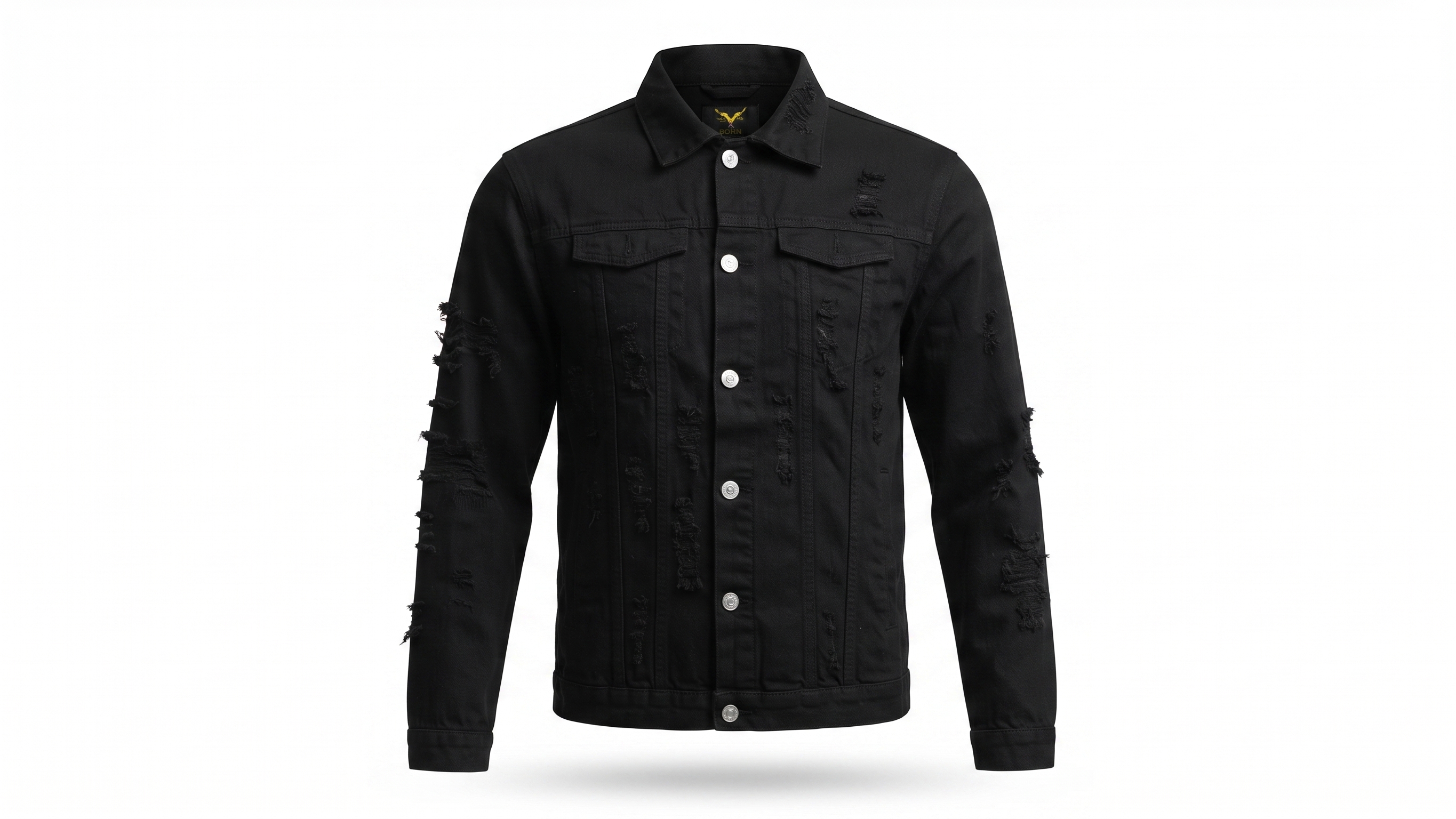 Black Distressed Masked Warrior Embroidery Denim Jacket – Image 3