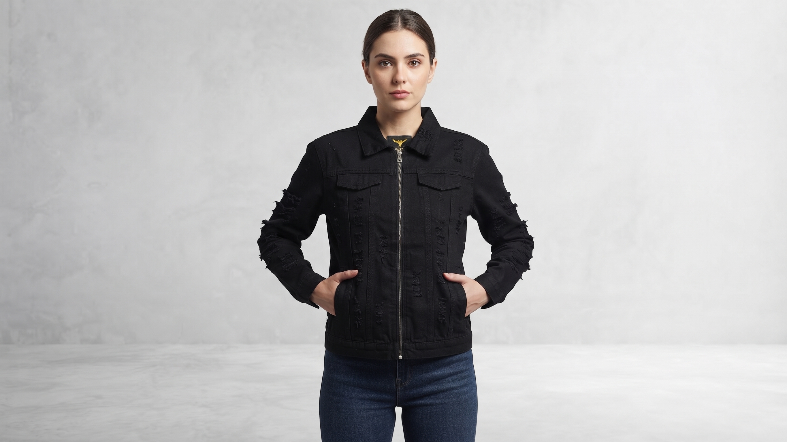 Black Horse Embroidery Distressed Denim Jacket – Image 1