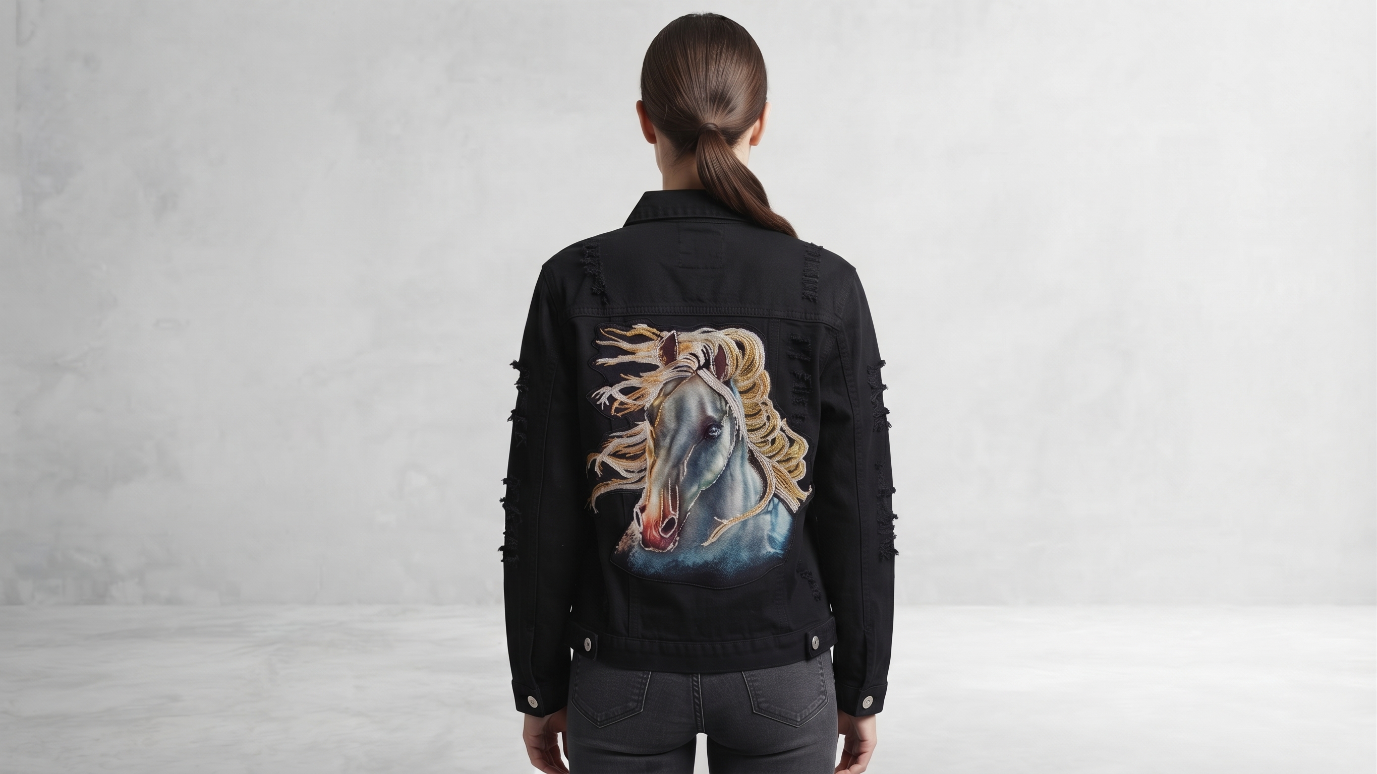Black Horse Embroidery Distressed Denim Jacket – Image 2