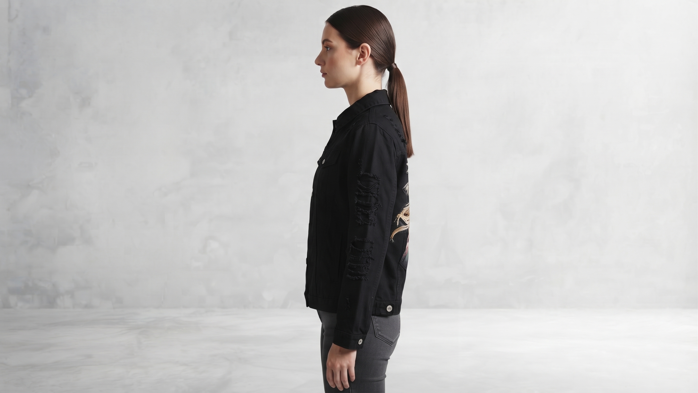 Black Horse Embroidery Distressed Denim Jacket – Image 4