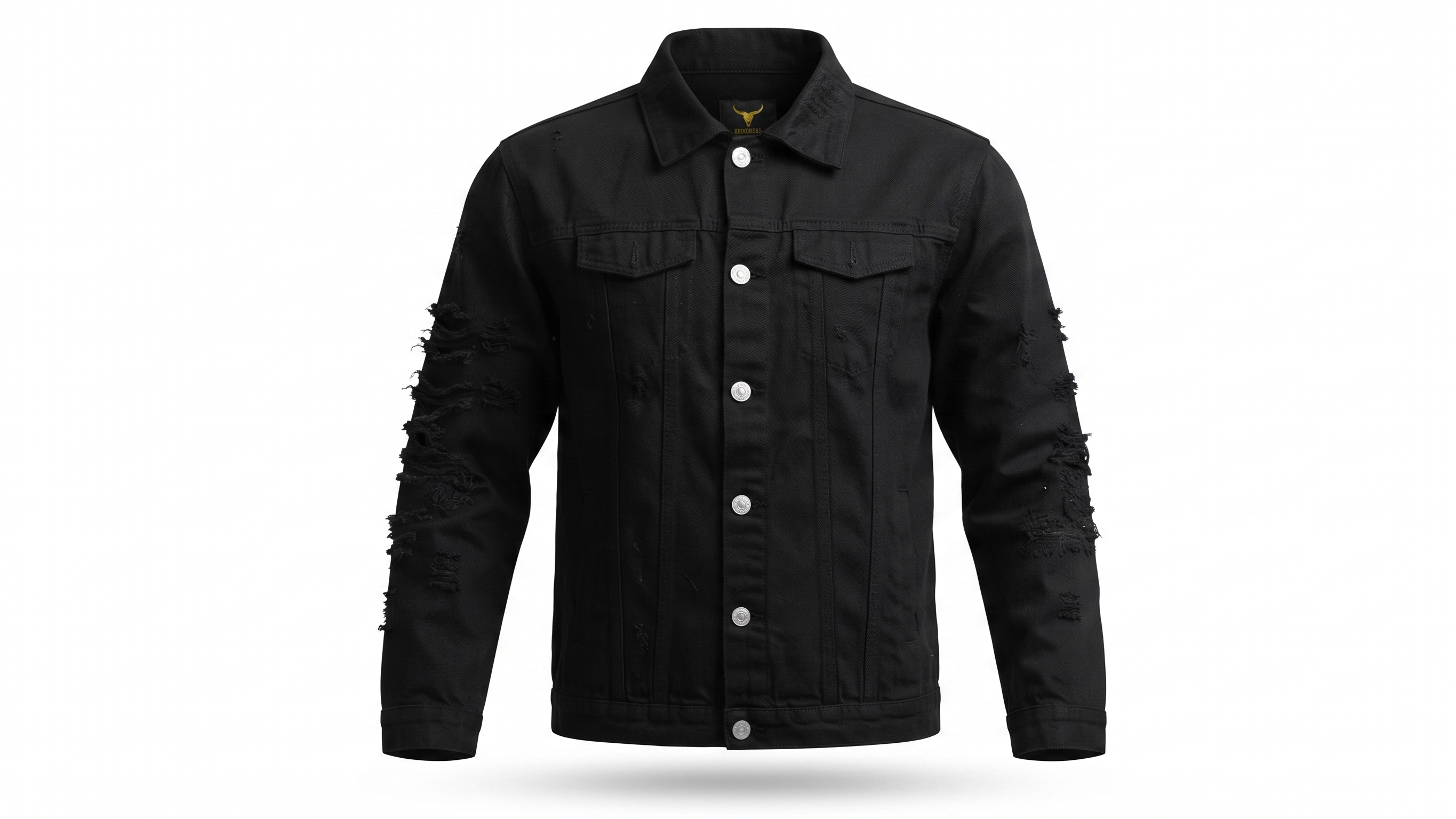 Black Horse Embroidery Distressed Denim Jacket – Image 3