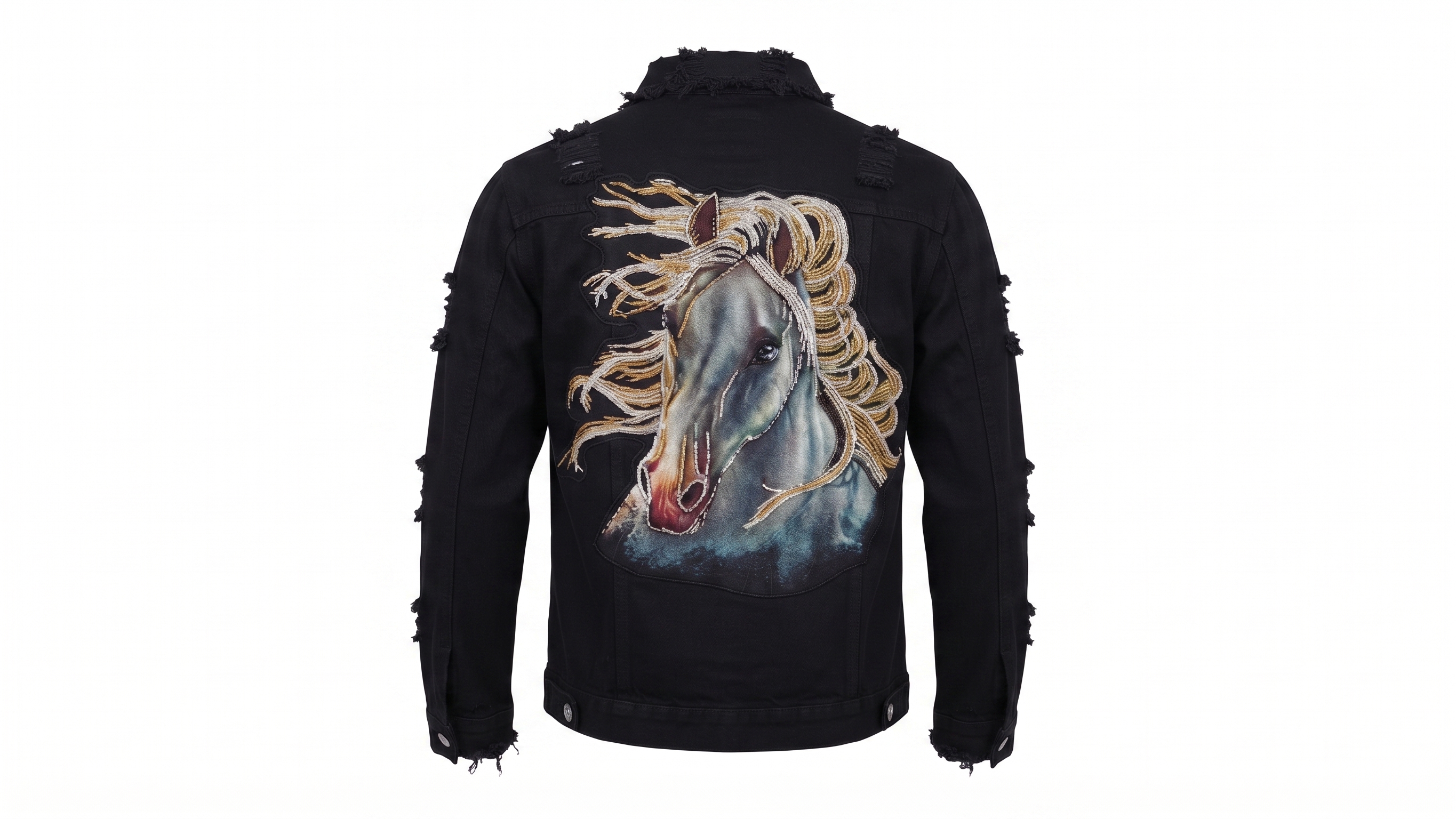Black Horse Embroidery Distressed Denim Jacket – Image 5
