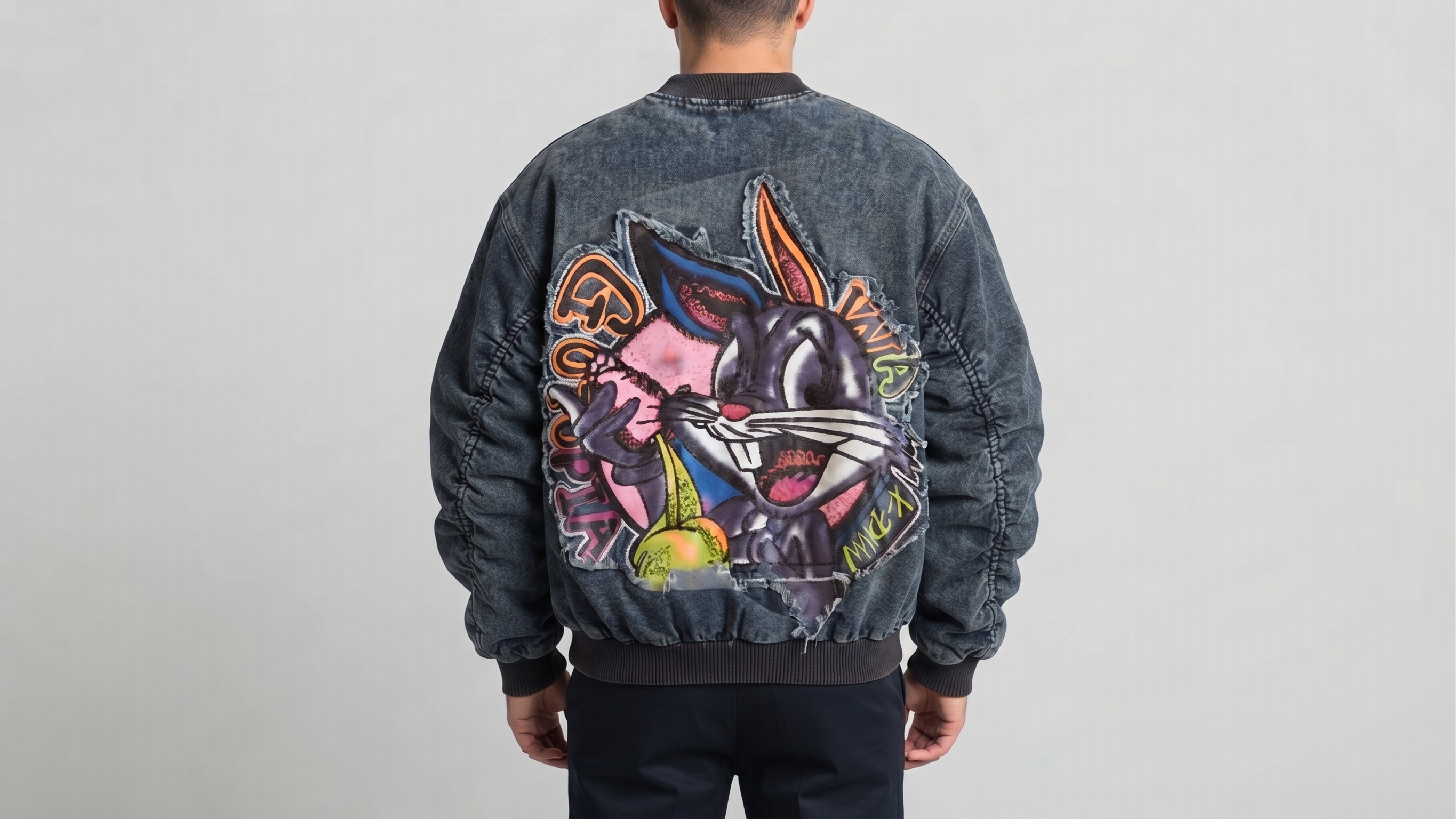 Washed Charcoal Denim Cartoon Patch Bomber Jacket – Image 2