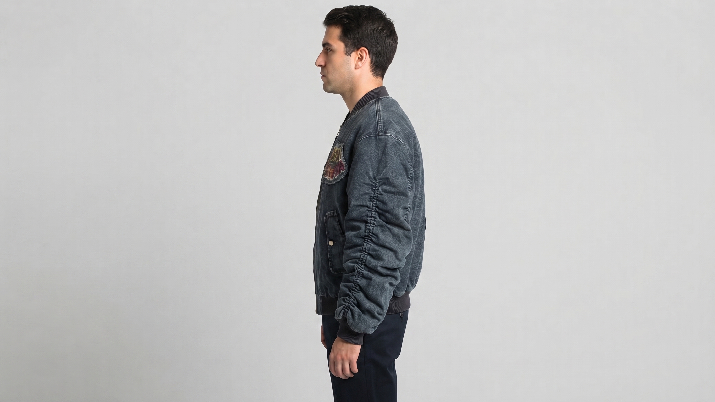 Washed Charcoal Denim Cartoon Patch Bomber Jacket – Image 3