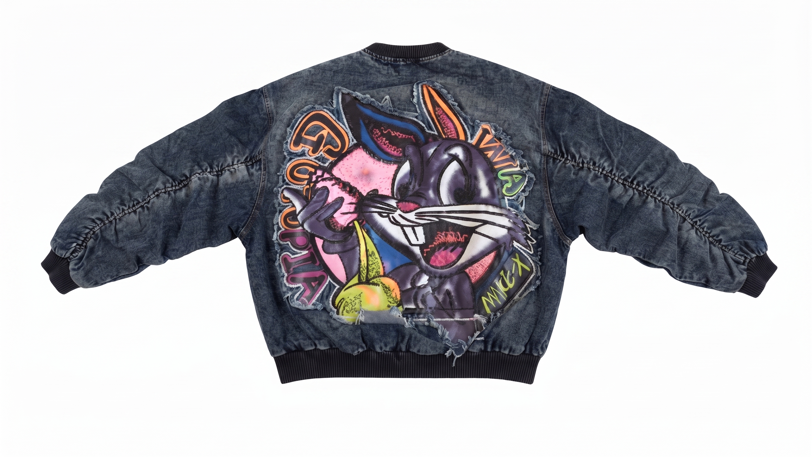 Washed Charcoal Denim Cartoon Patch Bomber Jacket – Image 5