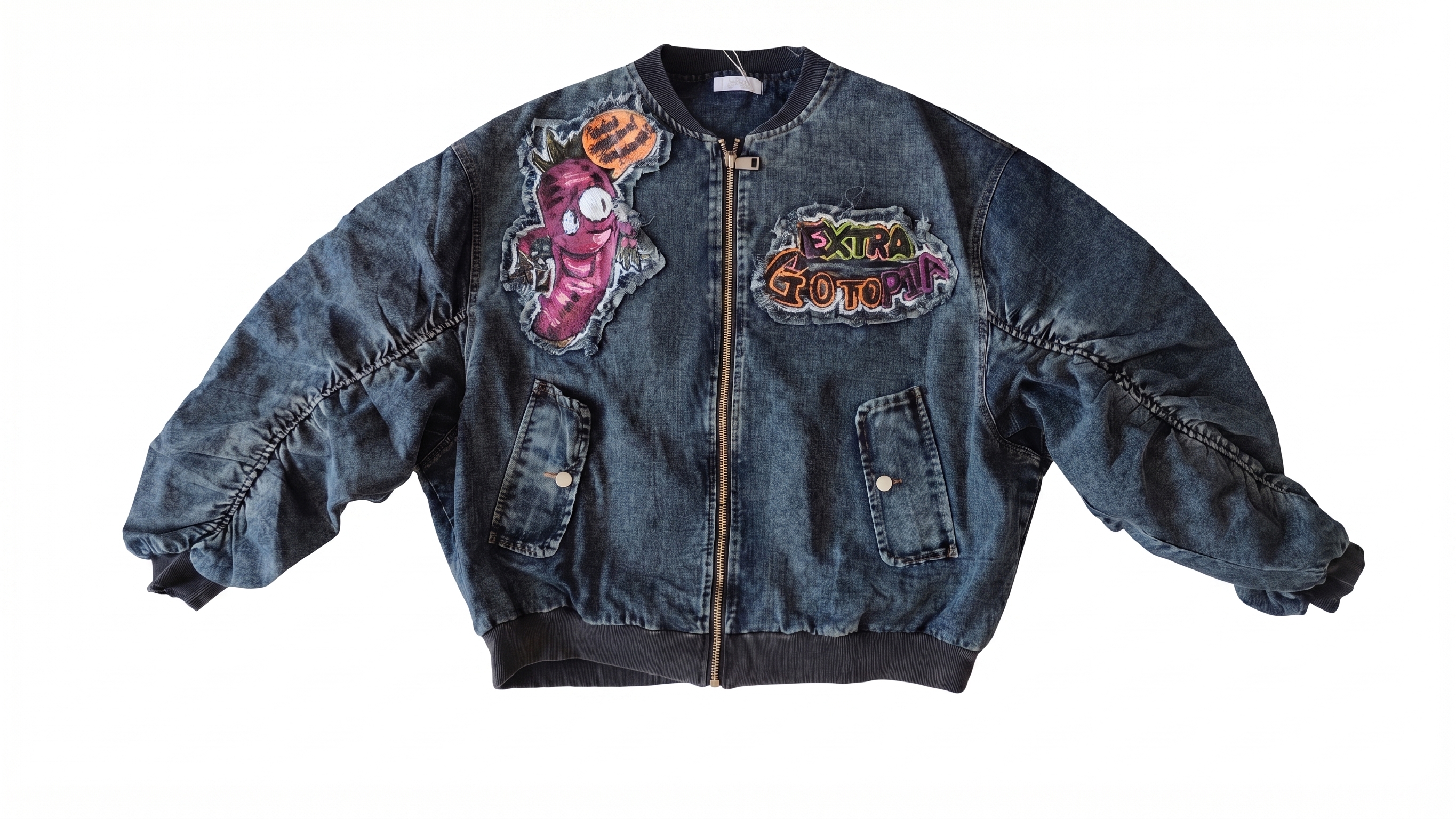 Washed Charcoal Denim Cartoon Patch Bomber Jacket – Image 4