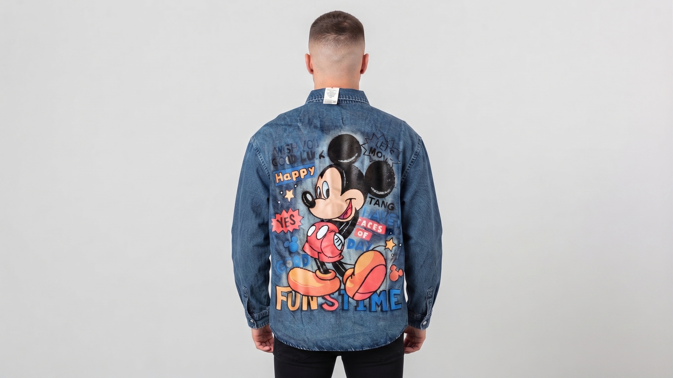 Blue Mickey Graphic Patchwork Denim Shirt Jacket – Image 2