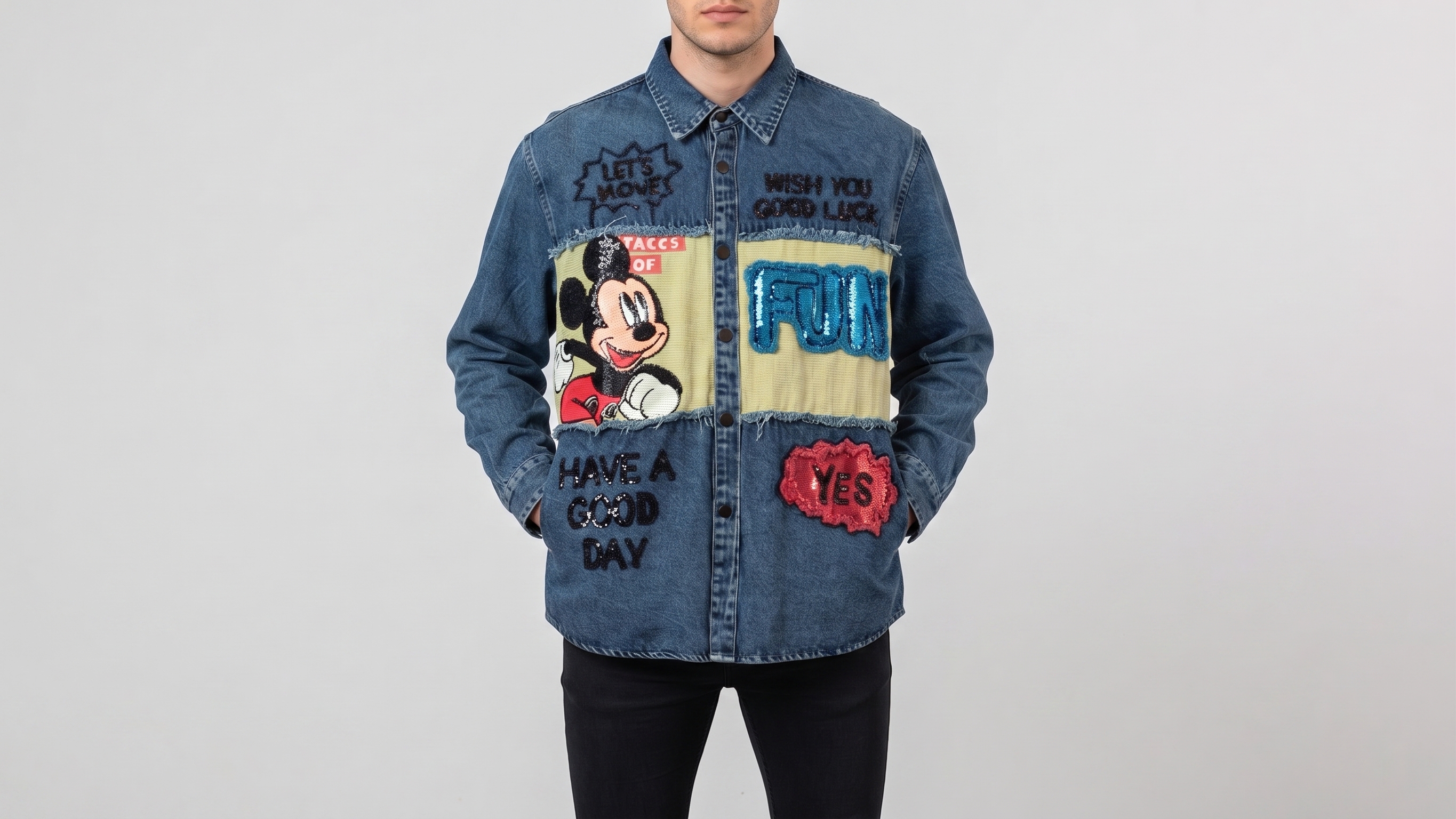 Blue Mickey Graphic Patchwork Denim Shirt Jacket – Image 1