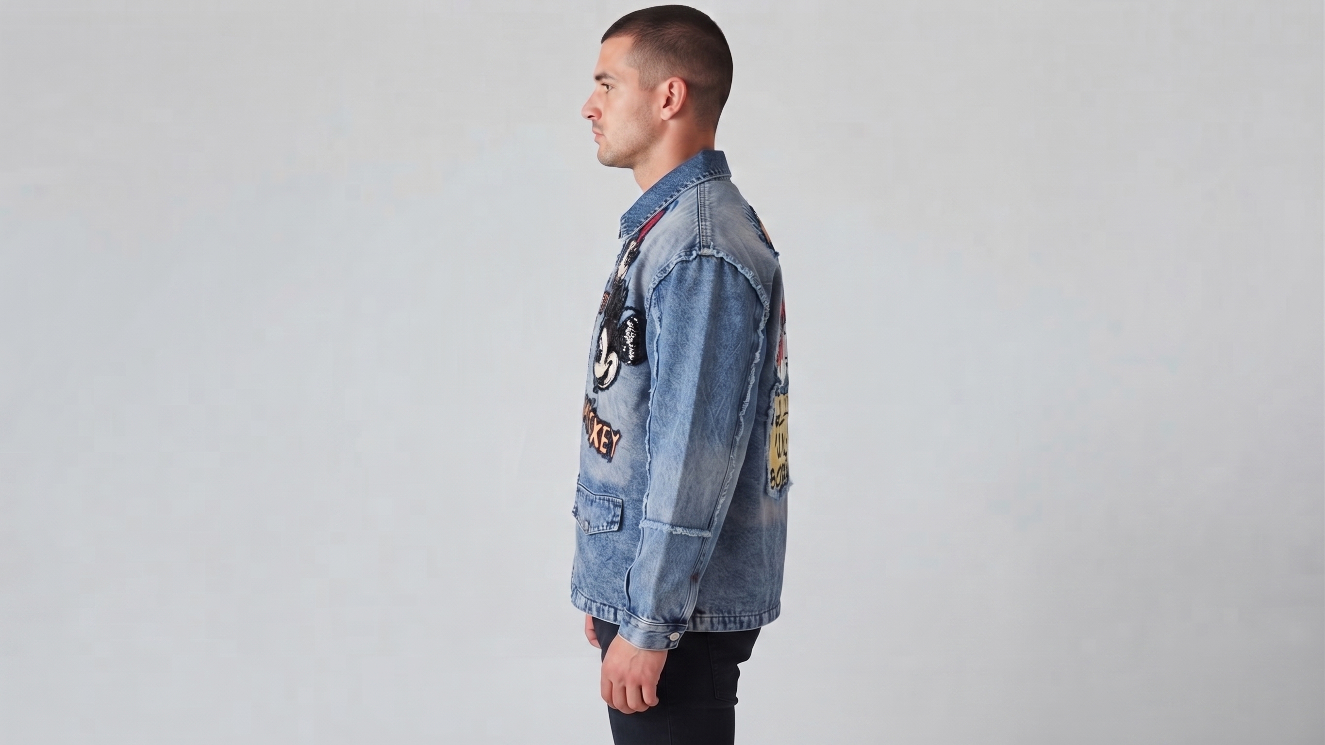 Light Blue Mickey Graphic Distressed Denim Jacket – Image 3