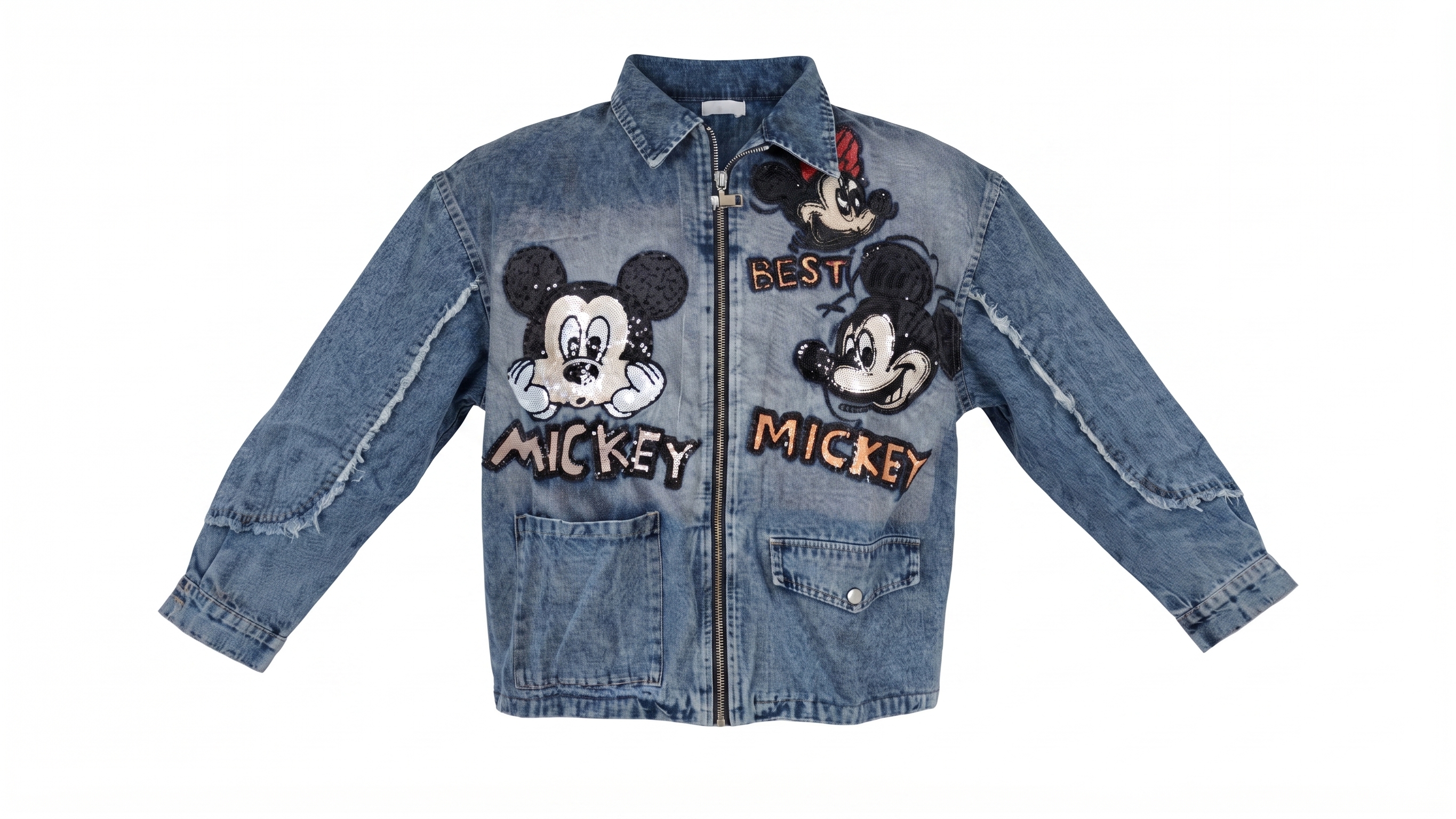 Light Blue Mickey Graphic Distressed Denim Jacket – Image 4