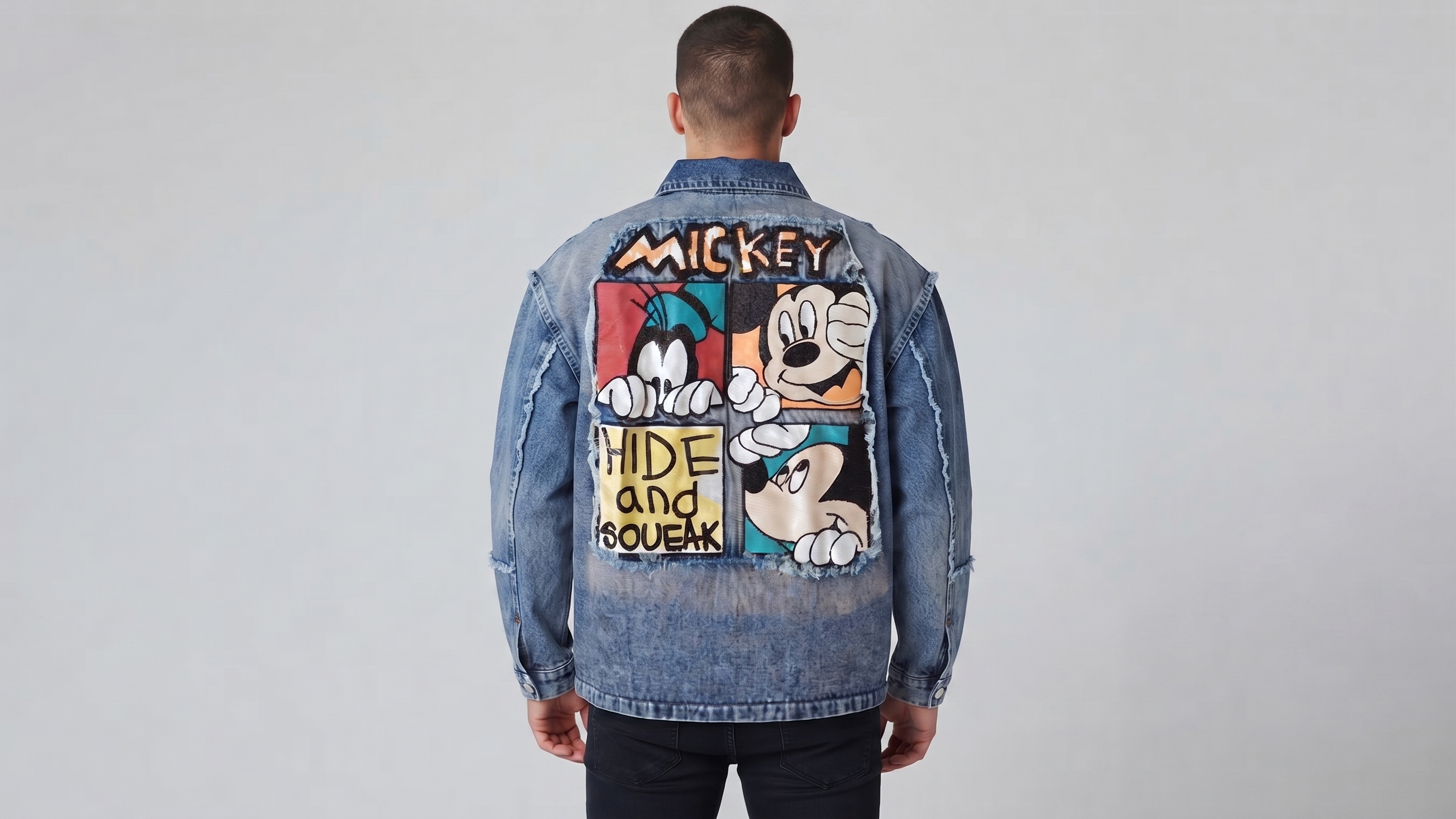 Light Blue Mickey Graphic Distressed Denim Jacket – Image 2