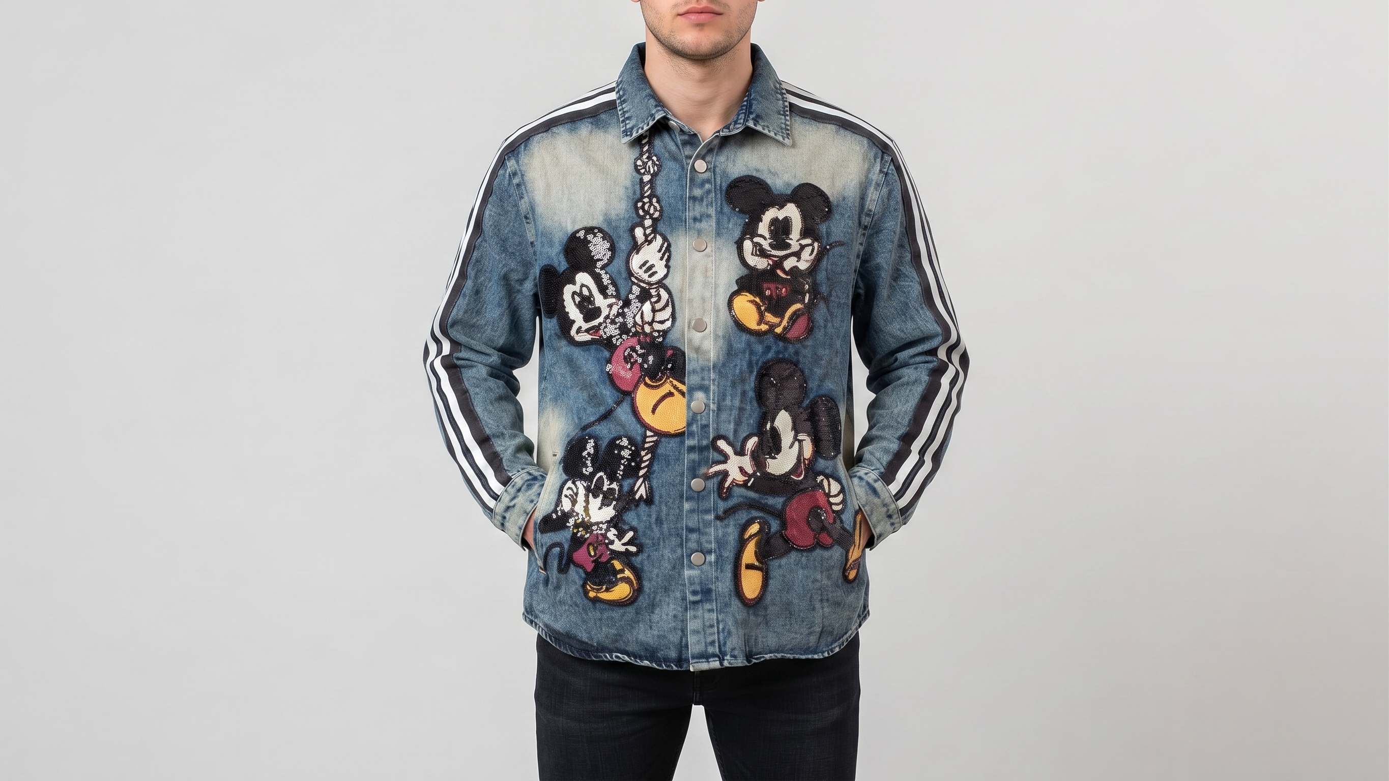 Blue Mickey Mouse Graphic Stripe Denim Shirt Jacket – Image 2