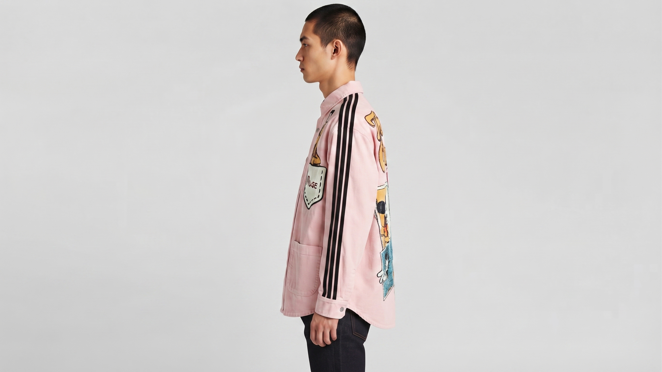 Blush Pink Mickey Mouse Graphic Stripe Shirt Jacket – Image 3