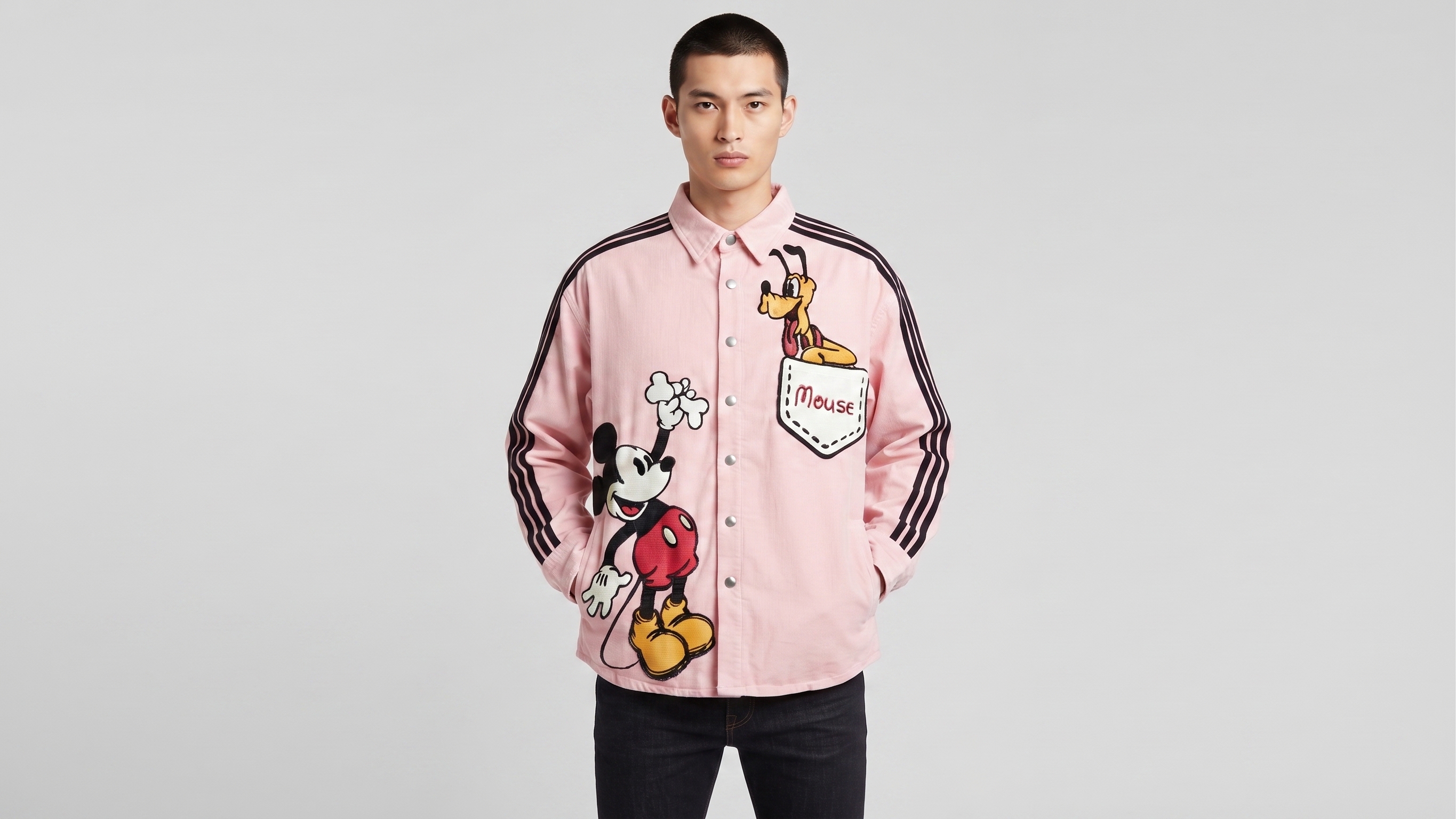 Blush Pink Mickey Mouse Graphic Stripe Shirt Jacket – Image 2