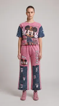 Pink Mickey Denim Panel Wide Leg Set – Image 1