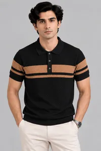Black & Copper Textured Contrast Polo Shirt – Image 1