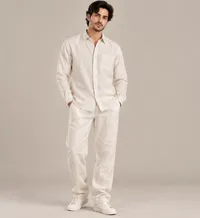 Ivory Linen Textured Button-Up Shirt & Pants – Image 1